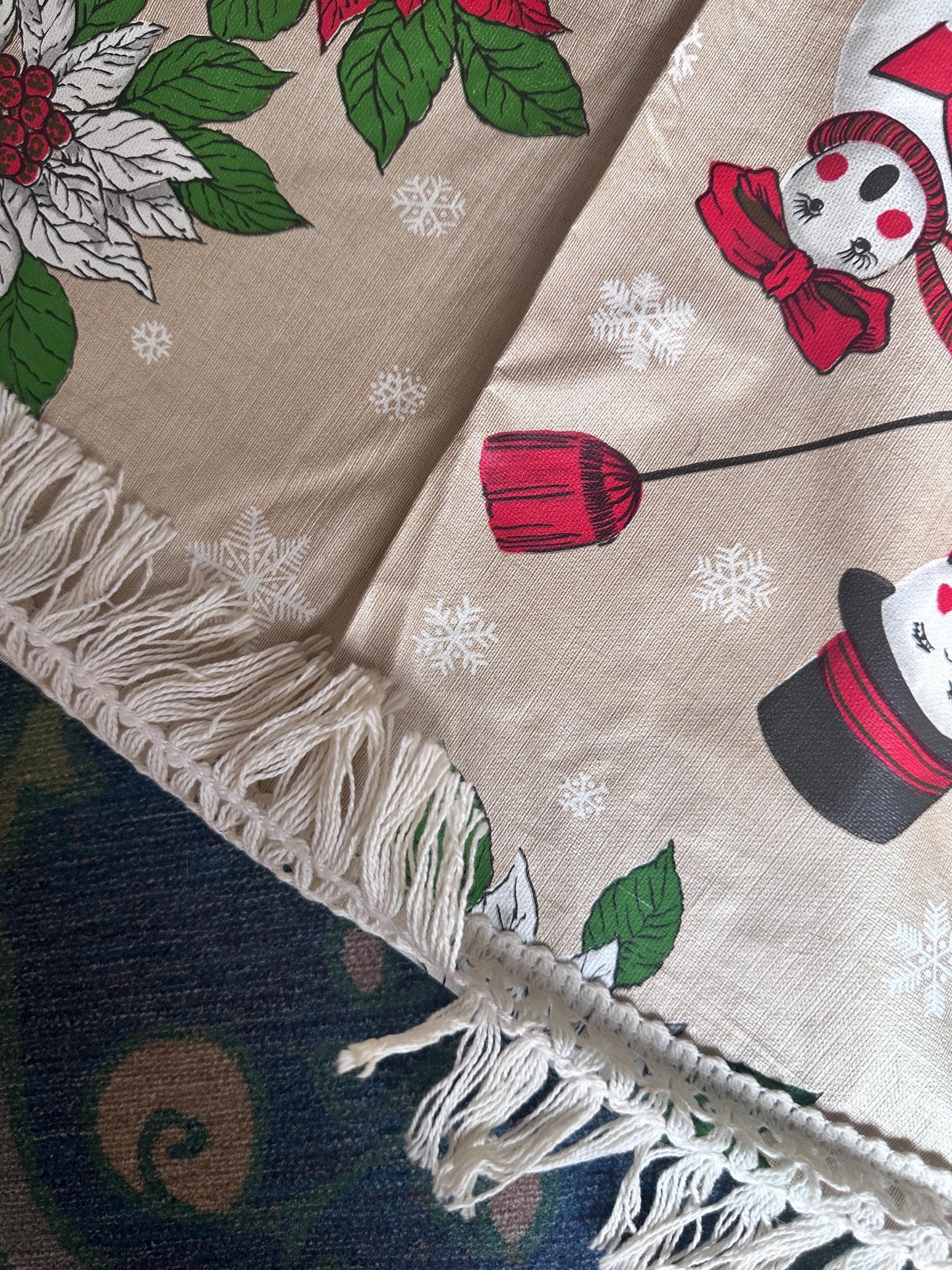 Vintage Kitschy Christmas Round Vinyl Tablecloth | Santa, Snowy Winter & Poinsettia Holiday Print | 60” with White Trim | Retro Holiday Deco
