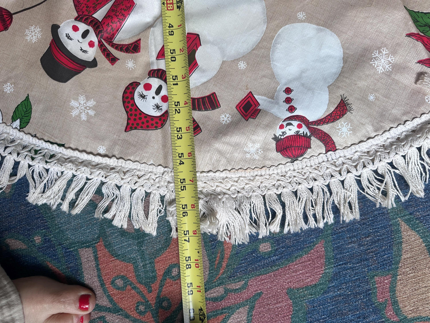 Vintage Kitschy Christmas Round Vinyl Tablecloth | Santa, Snowy Winter & Poinsettia Holiday Print | 60” with White Trim | Retro Holiday Deco