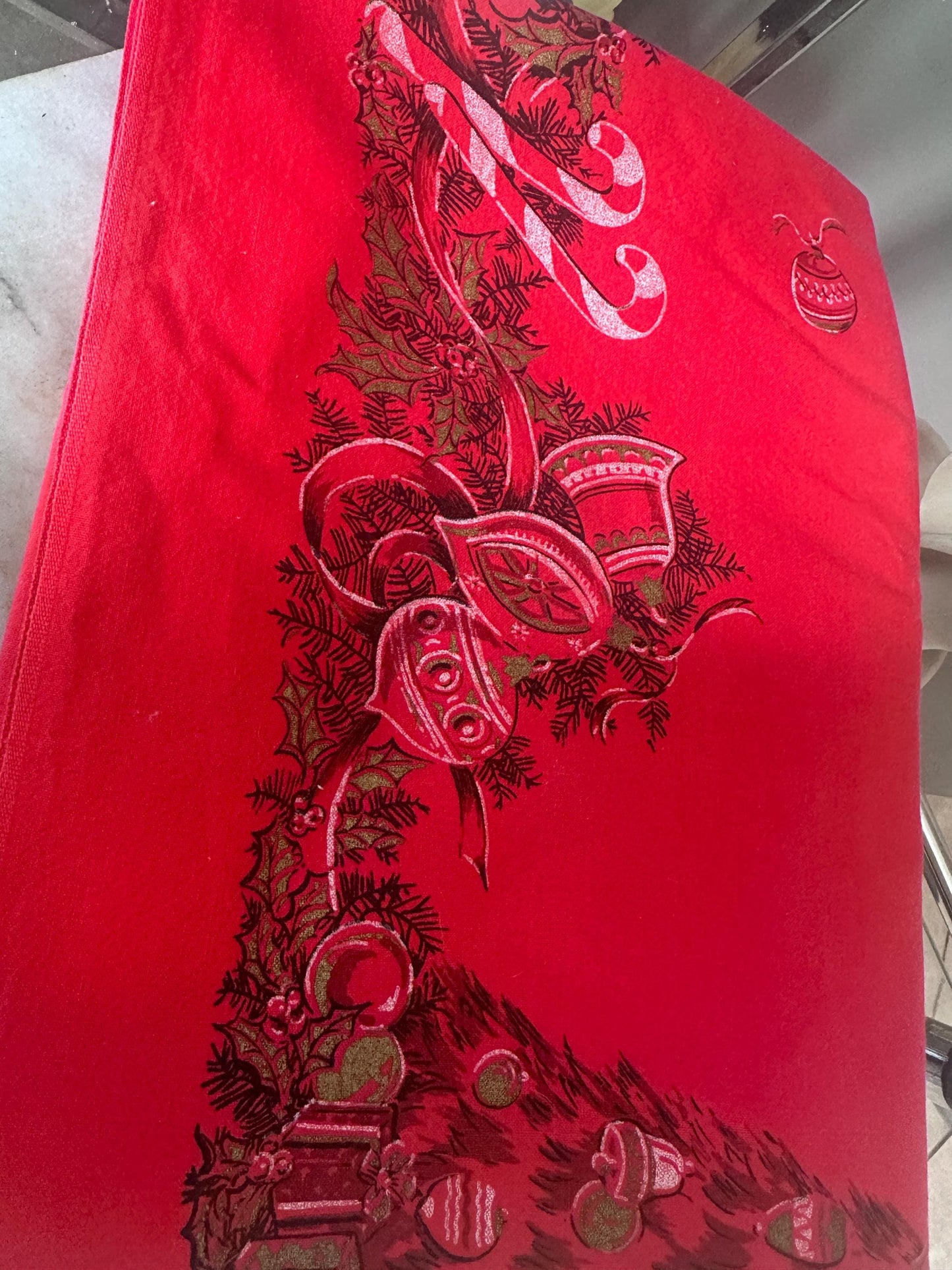 Vintage MCM Kitschy Christmas Tablecloth | Bright Red Santa, Christmas Tree & Gifts Print | 48” x 60” | Retro Holiday Table Linen
