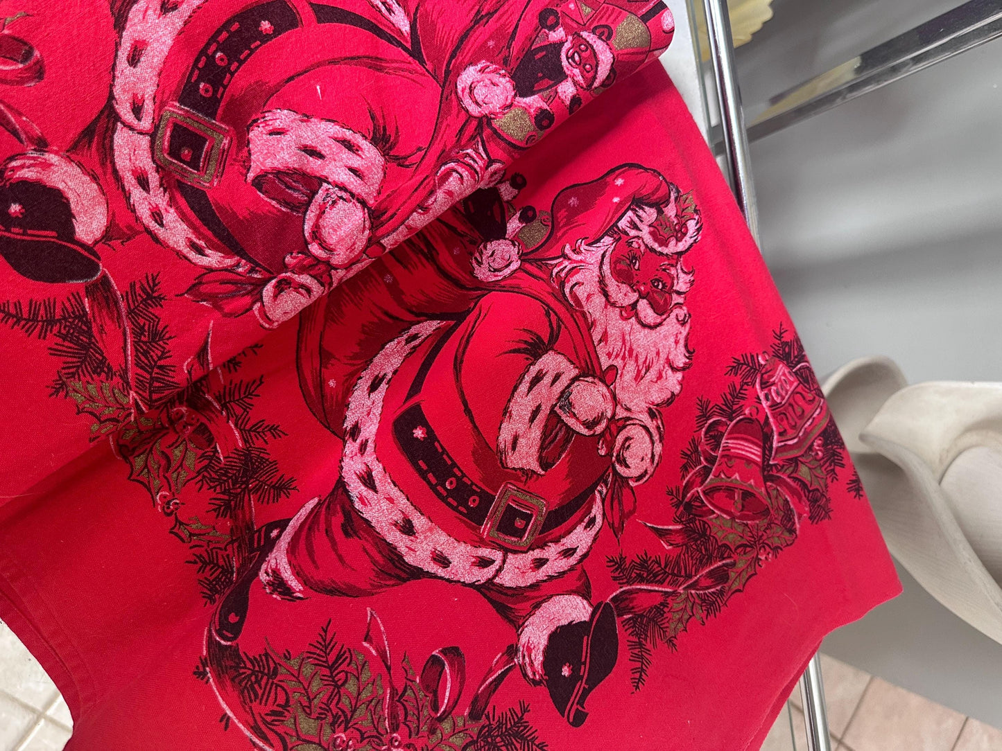 Vintage MCM Kitschy Christmas Tablecloth | Bright Red Santa, Christmas Tree & Gifts Print | 48” x 60” | Retro Holiday Table Linen