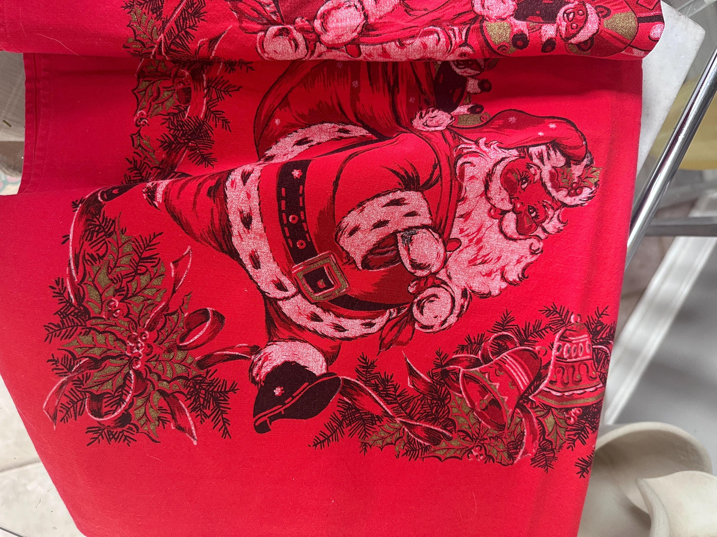 Vintage MCM Kitschy Christmas Tablecloth | Bright Red Santa, Christmas Tree & Gifts Print | 48” x 60” | Retro Holiday Table Linen