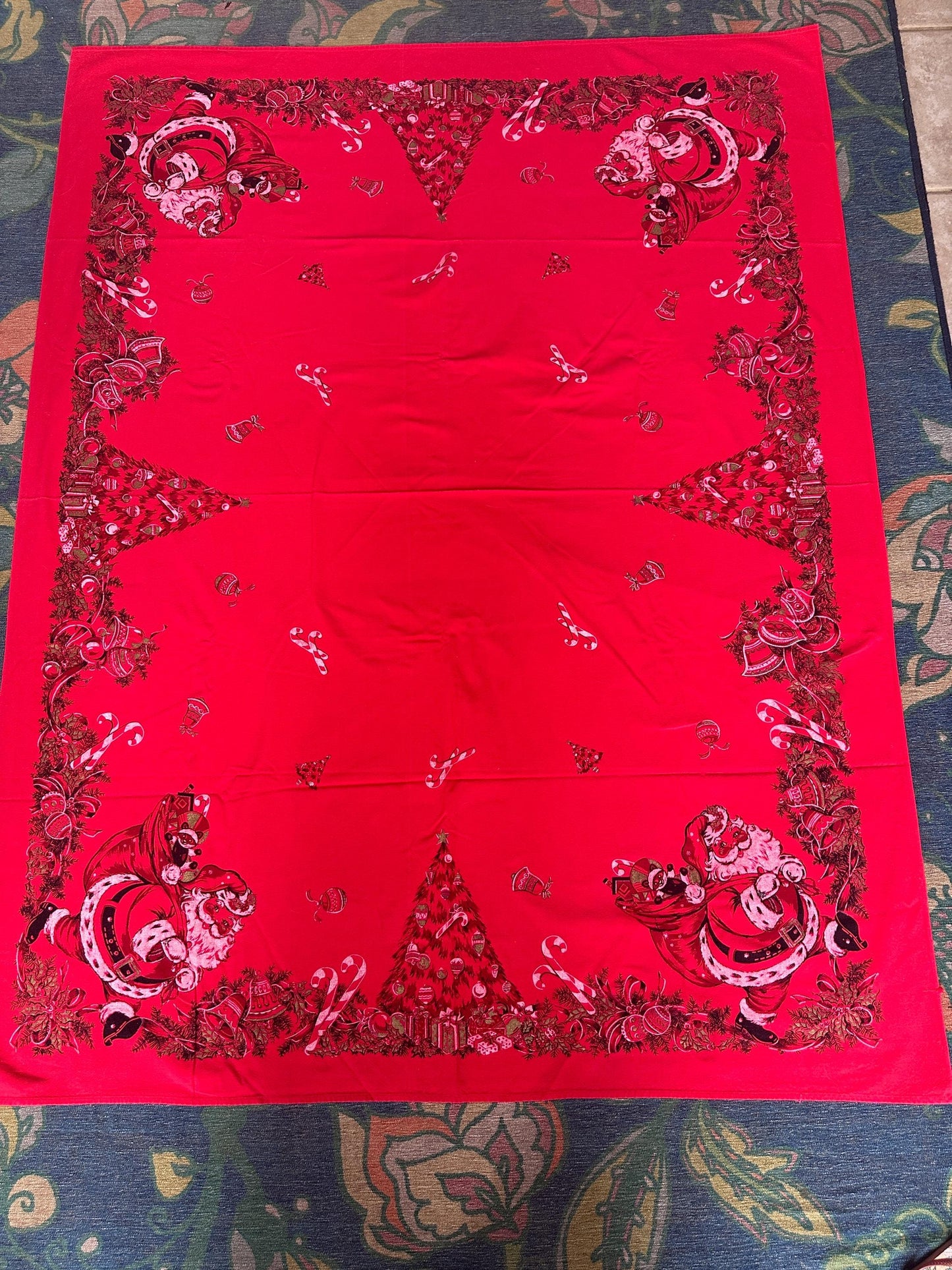 Vintage MCM Kitschy Christmas Tablecloth | Bright Red Santa, Christmas Tree & Gifts Print | 48” x 60” | Retro Holiday Table Linen