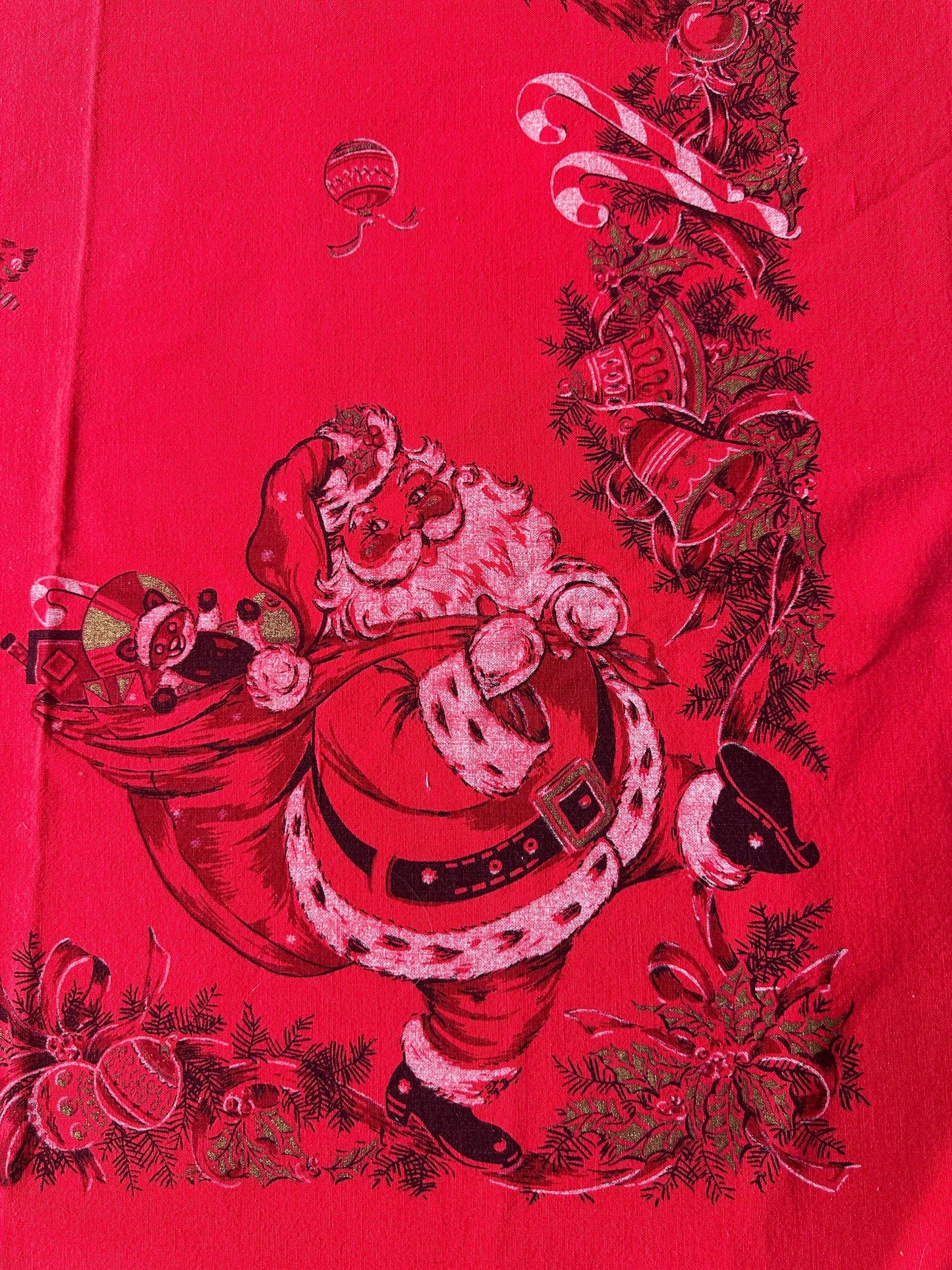 Vintage MCM Kitschy Christmas Tablecloth | Bright Red Santa, Christmas Tree & Gifts Print | 48” x 60” | Retro Holiday Table Linen