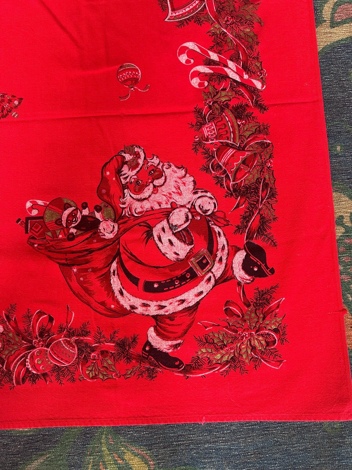 Vintage MCM Kitschy Christmas Tablecloth | Bright Red Santa, Christmas Tree & Gifts Print | 48” x 60” | Retro Holiday Table Linen