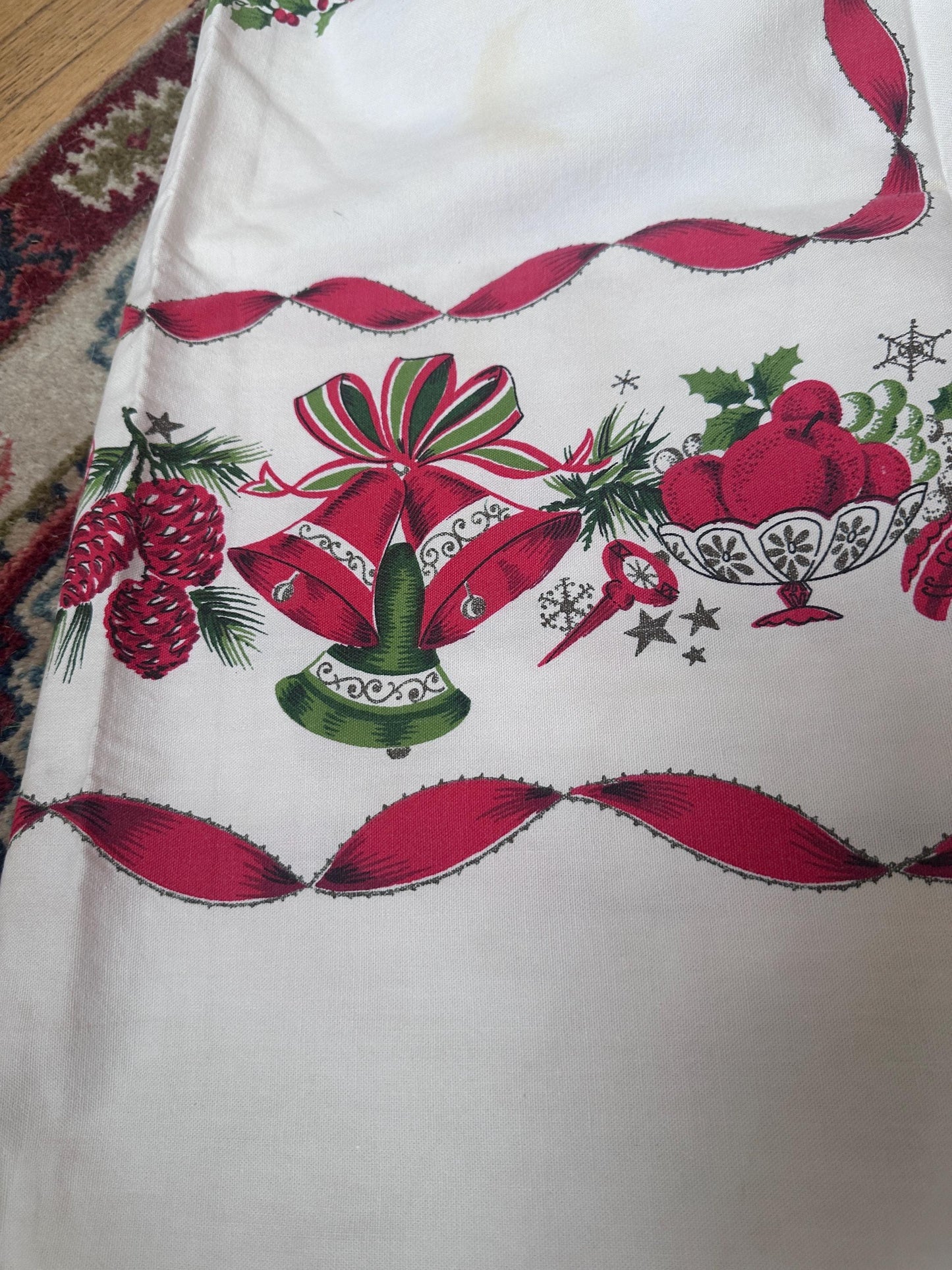 Vintage MCM Christmas Tablecloth | Red Ribbon, Poinsettia & Ornament Print | 46” x 52” | Retro Holiday Linens | Craft + Repurpose Project