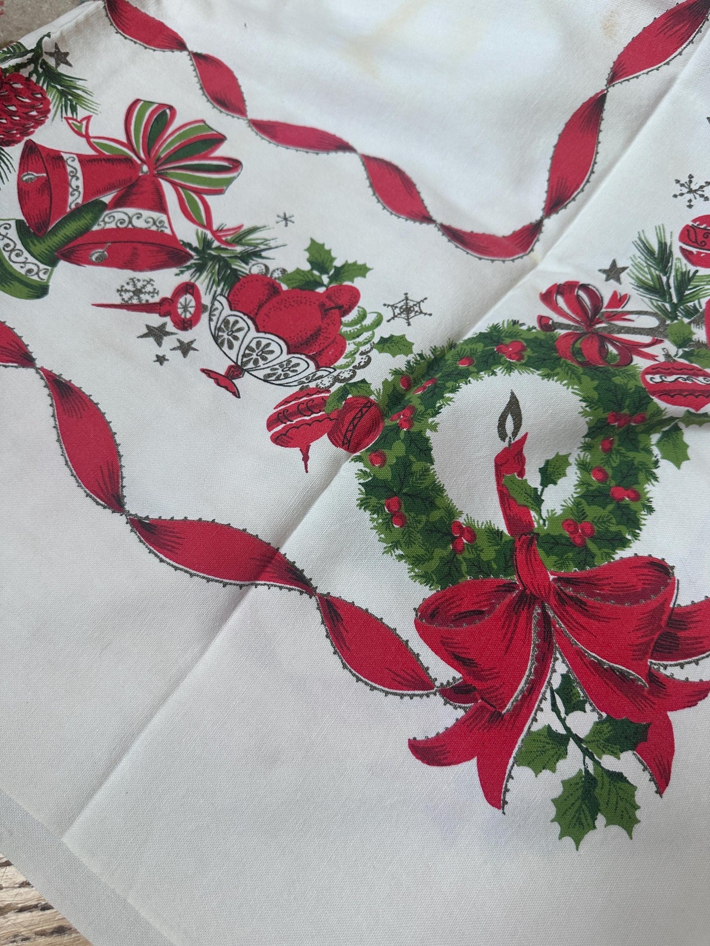 Vintage MCM Christmas Tablecloth | Red Ribbon, Poinsettia & Ornament Print | 46” x 52” | Retro Holiday Linens | Craft + Repurpose Project