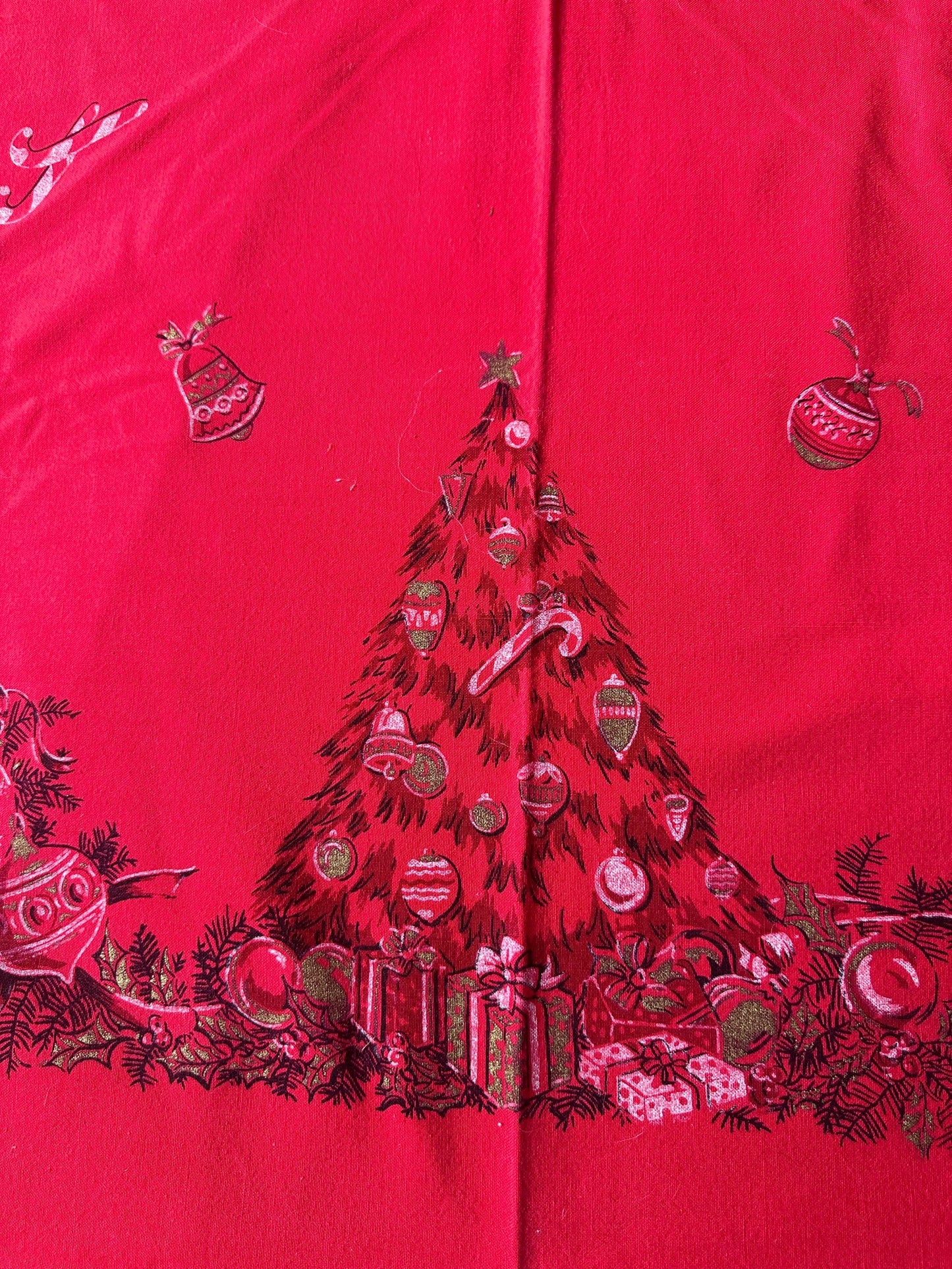 Vintage MCM Kitschy Christmas Tablecloth | Bright Red Santa, Christmas Tree & Gifts Print | 48” x 60” | Retro Holiday Table Linen