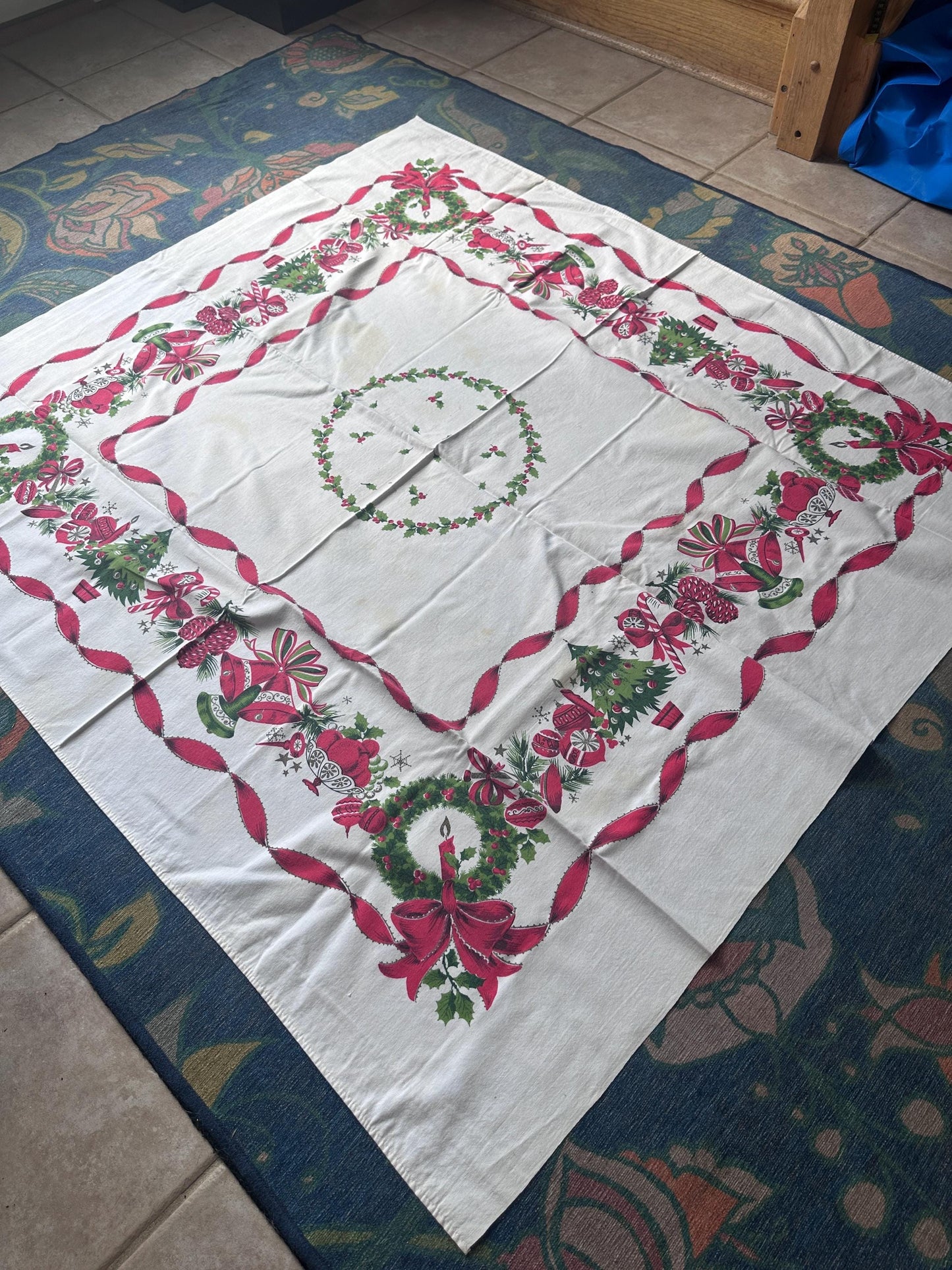 Vintage MCM Christmas Tablecloth | Red Ribbon, Poinsettia & Ornament Print | 46” x 52” | Retro Holiday Linens | Craft + Repurpose Project