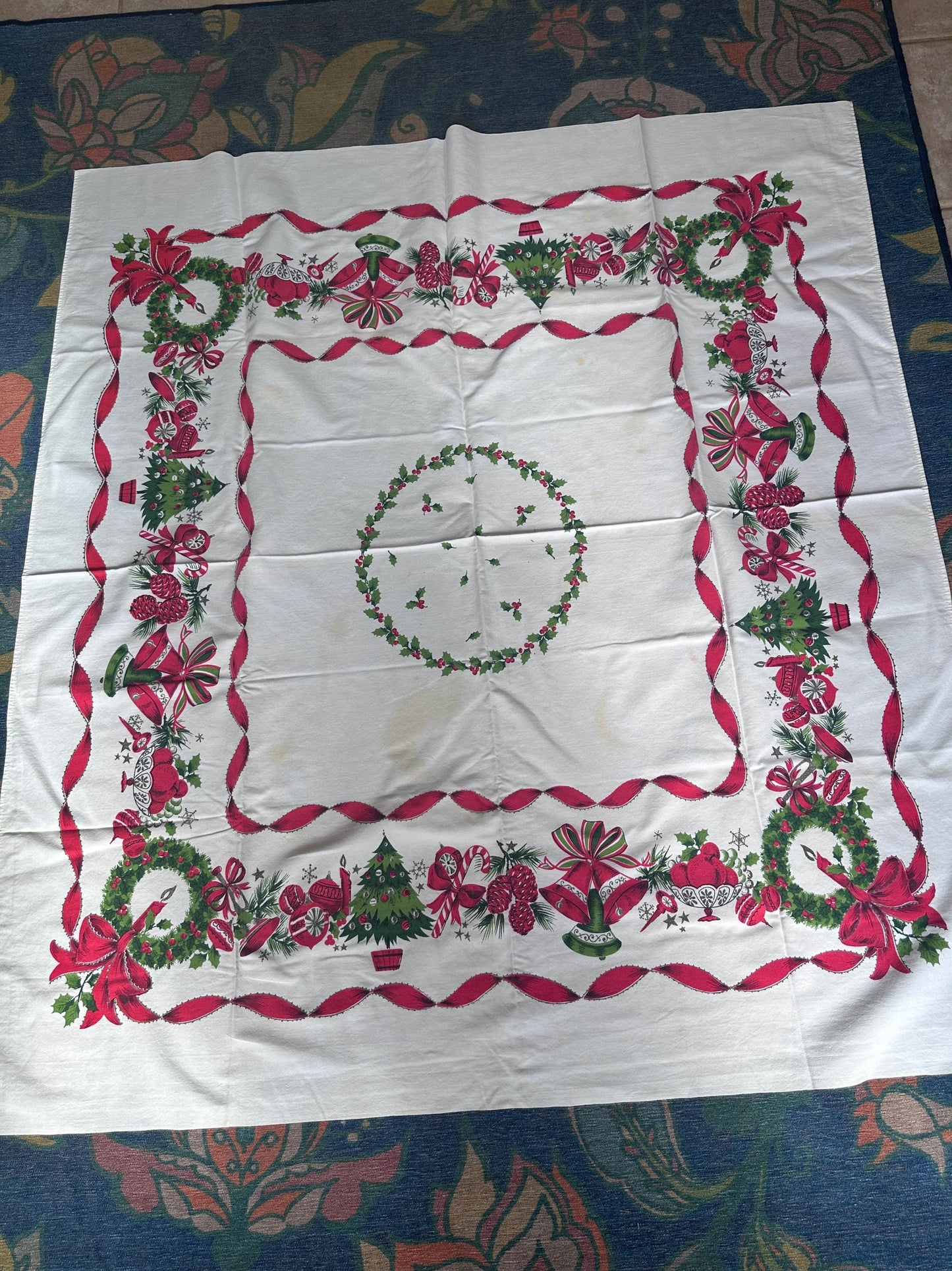 Vintage MCM Christmas Tablecloth | Red Ribbon, Poinsettia & Ornament Print | 46” x 52” | Retro Holiday Linens | Craft + Repurpose Project