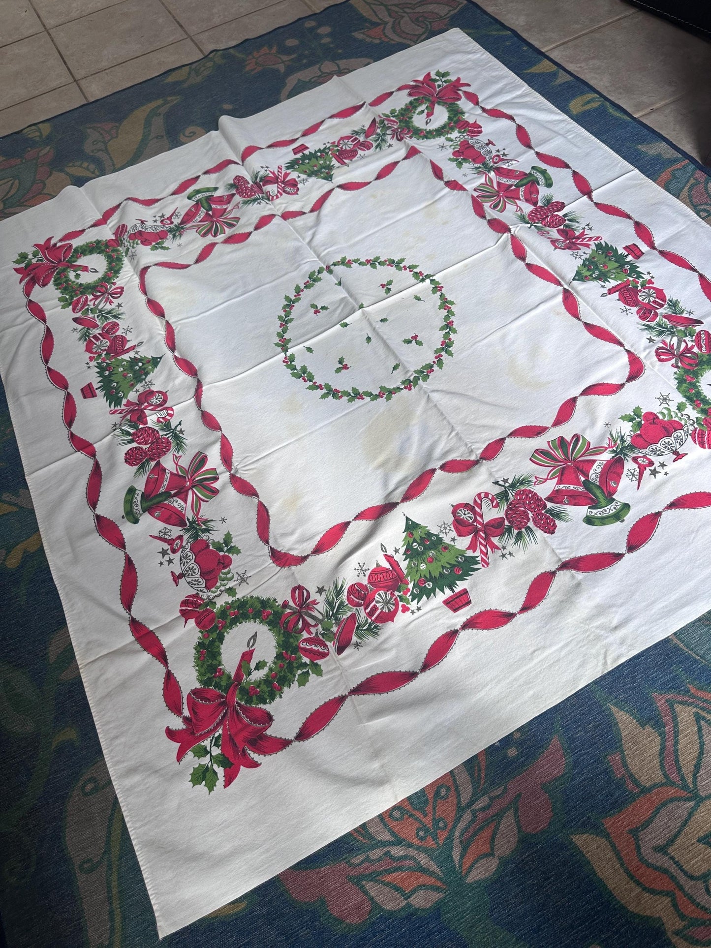 Vintage MCM Christmas Tablecloth | Red Ribbon, Poinsettia & Ornament Print | 46” x 52” | Retro Holiday Linens | Craft + Repurpose Project