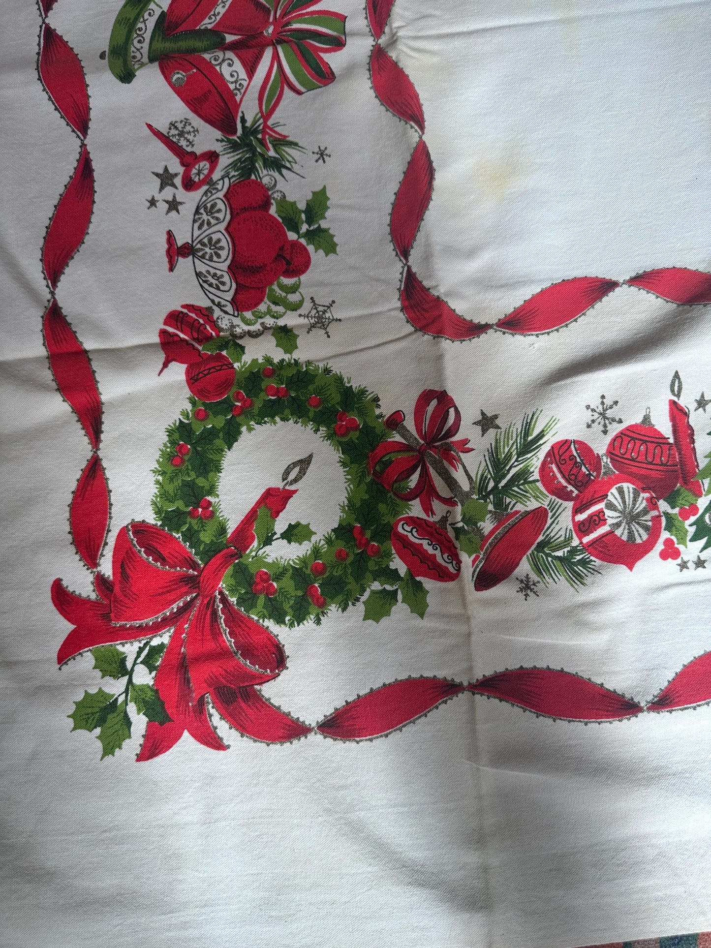 Vintage MCM Christmas Tablecloth | Red Ribbon, Poinsettia & Ornament Print | 46” x 52” | Retro Holiday Linens | Craft + Repurpose Project