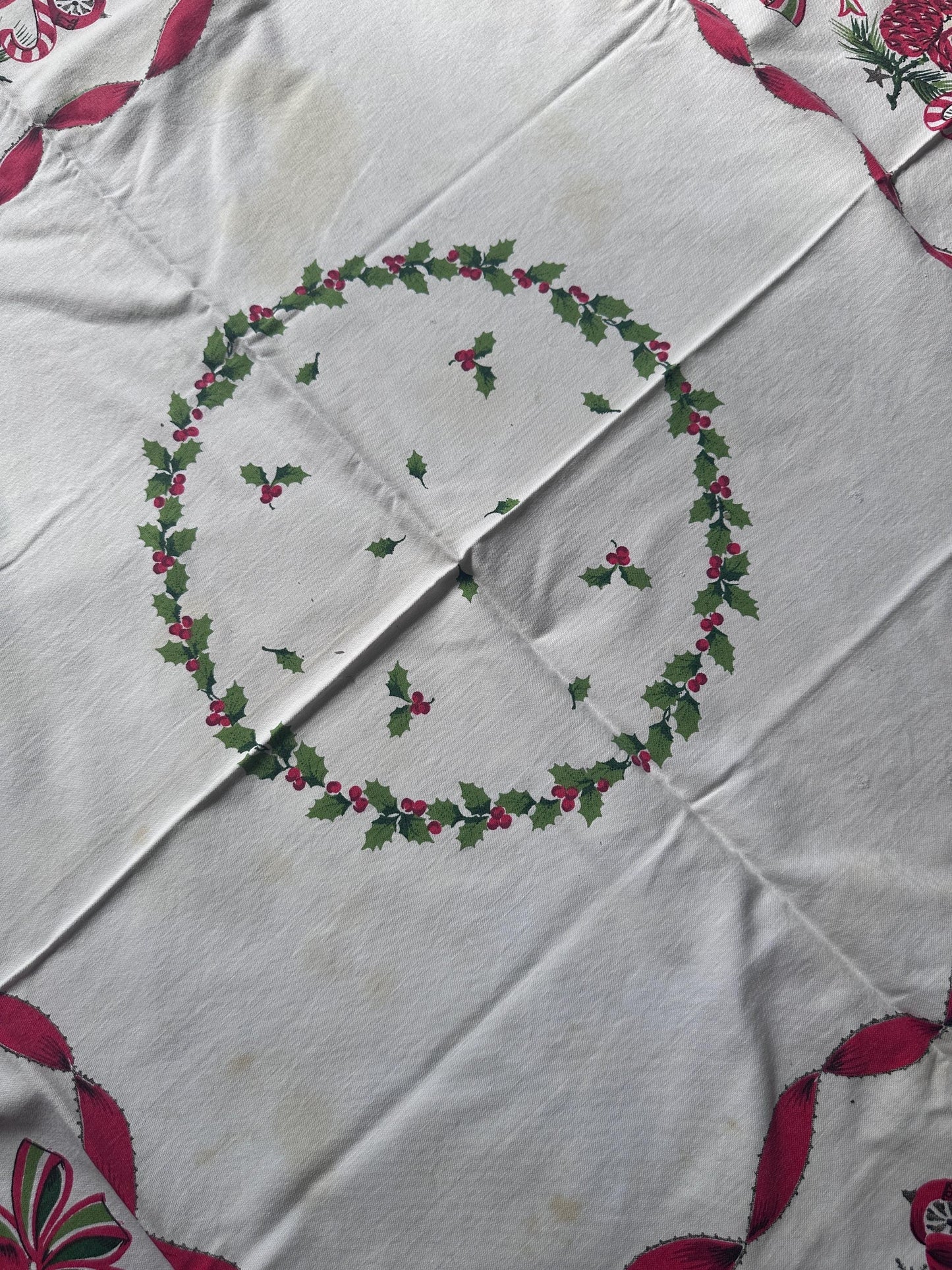 Vintage MCM Christmas Tablecloth | Red Ribbon, Poinsettia & Ornament Print | 46” x 52” | Retro Holiday Linens | Craft + Repurpose Project