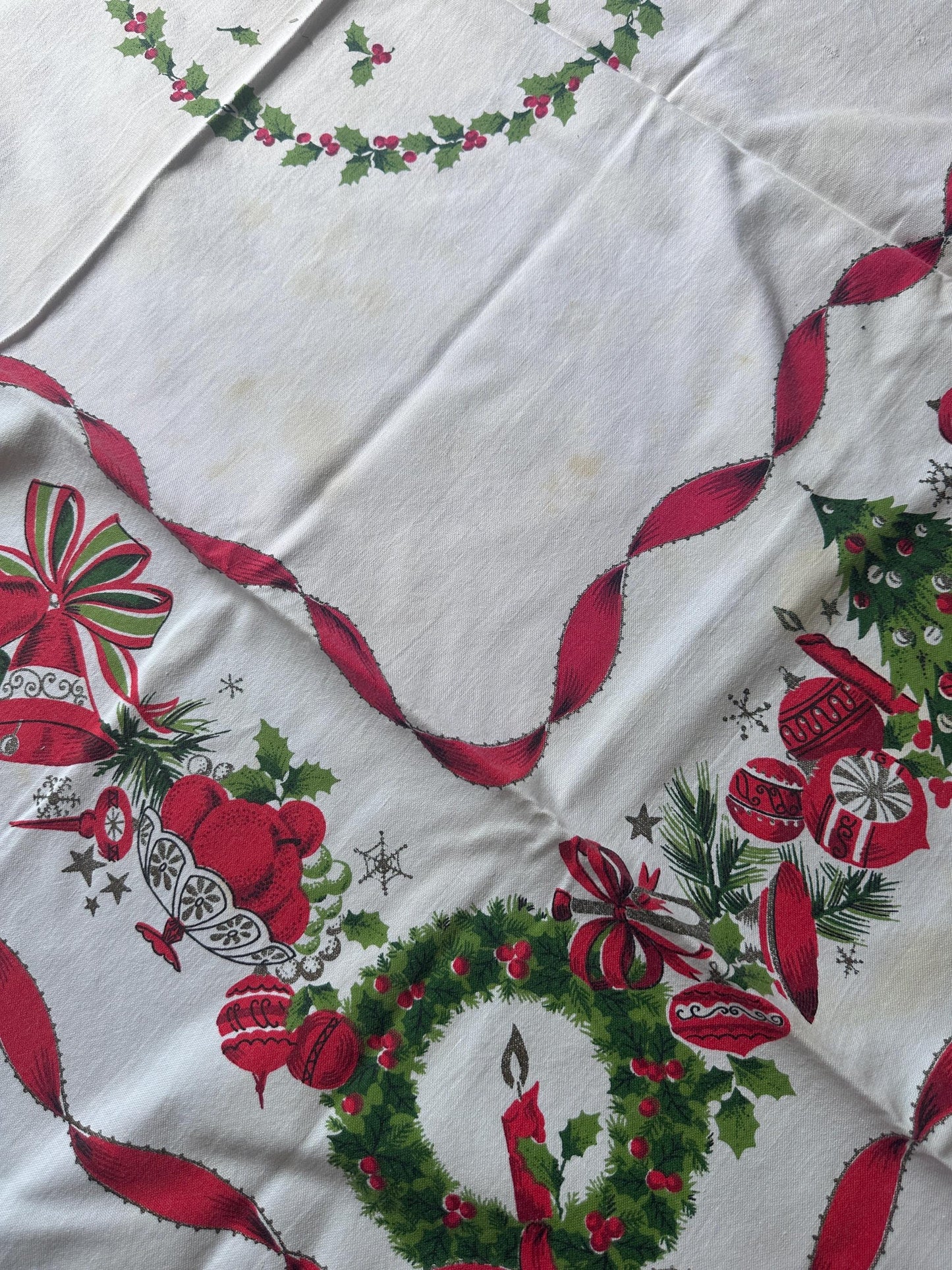 Vintage MCM Christmas Tablecloth | Red Ribbon, Poinsettia & Ornament Print | 46” x 52” | Retro Holiday Linens | Craft + Repurpose Project