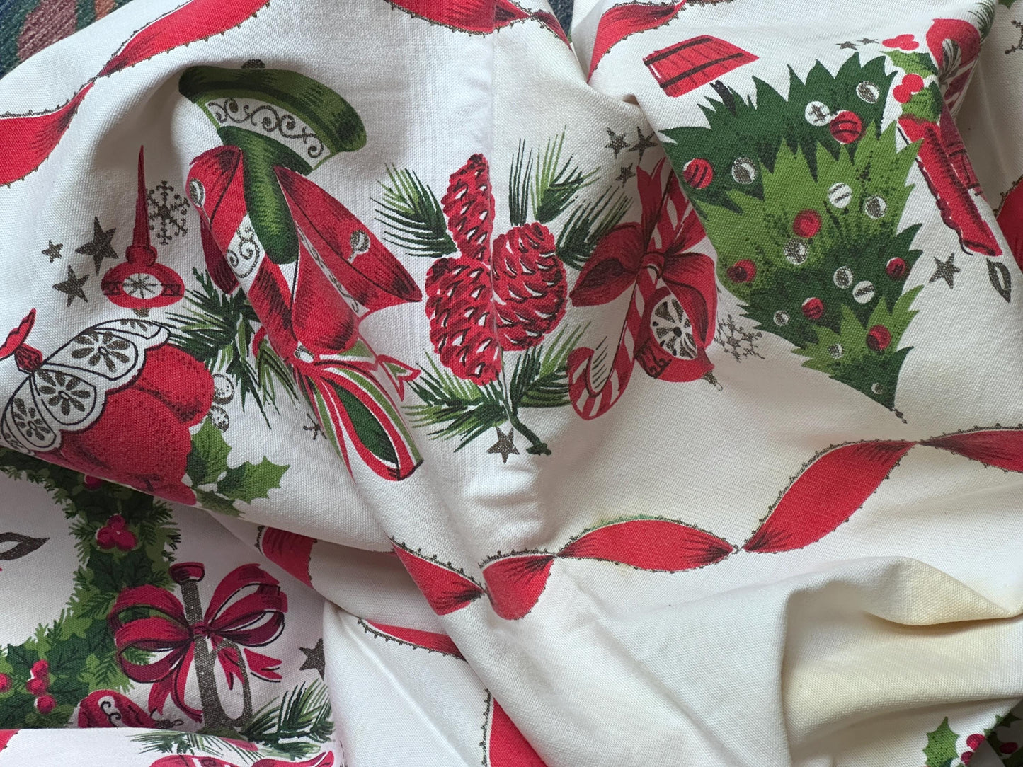 Vintage MCM Christmas Tablecloth | Red Ribbon, Poinsettia & Ornament Print | 46” x 52” | Retro Holiday Linens | Craft + Repurpose Project