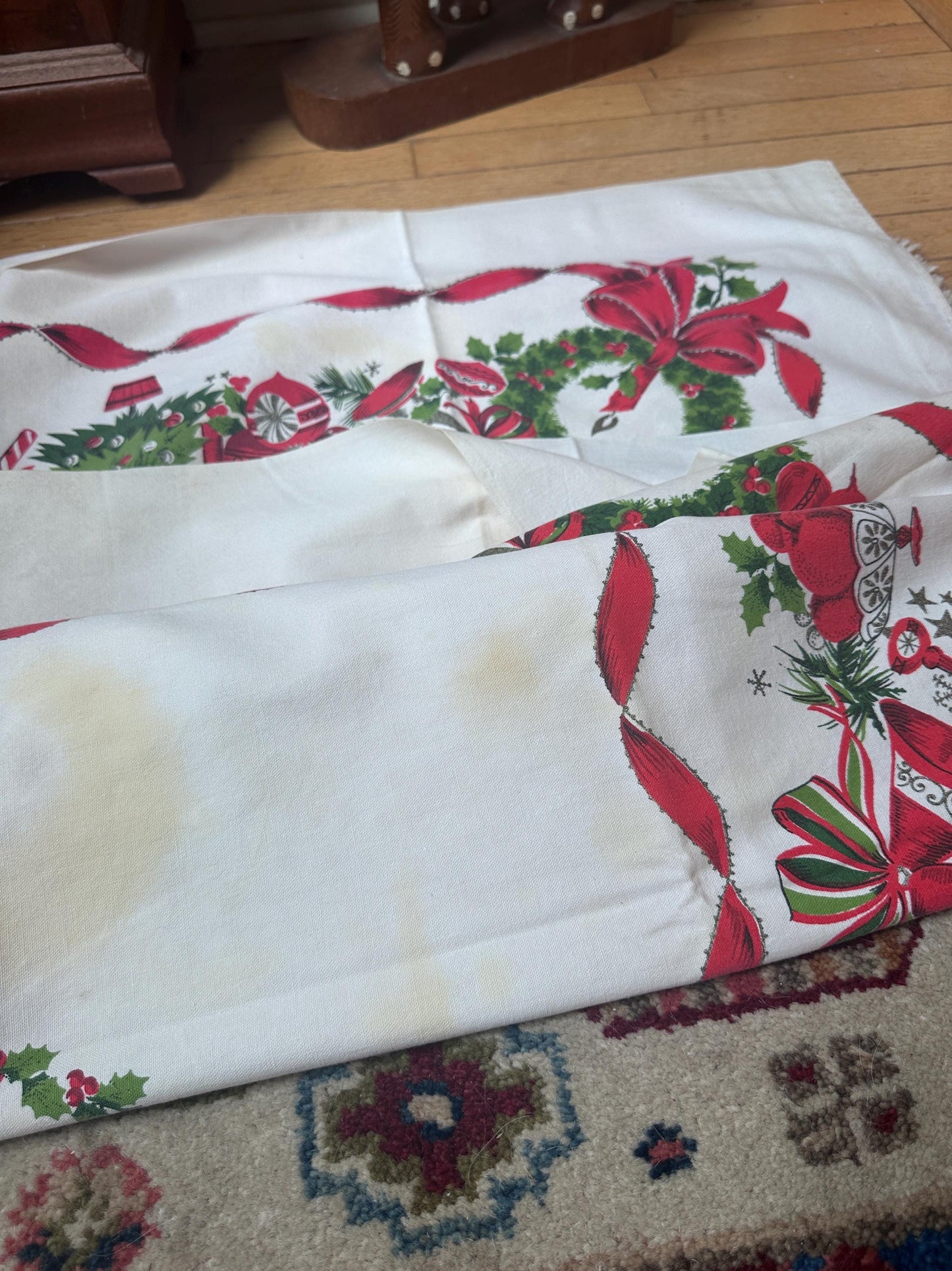 Vintage MCM Christmas Tablecloth | Red Ribbon, Poinsettia & Ornament Print | 46” x 52” | Retro Holiday Linens | Craft + Repurpose Project