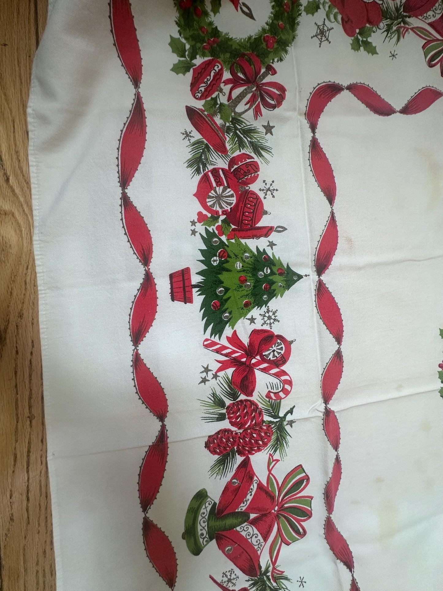 Vintage MCM Christmas Tablecloth | Red Ribbon, Poinsettia & Ornament Print | 46” x 52” | Retro Holiday Linens | Craft + Repurpose Project
