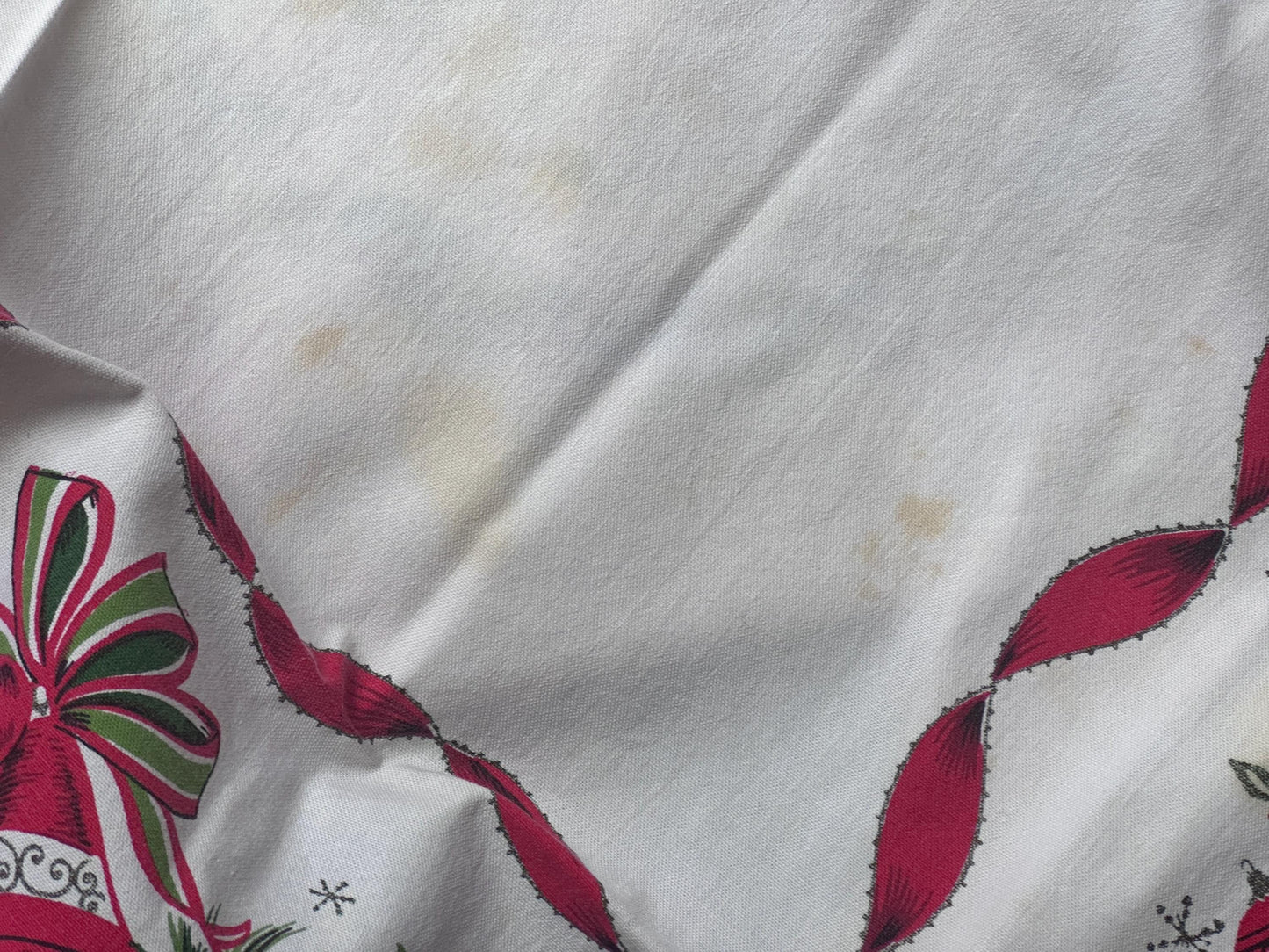 Vintage MCM Christmas Tablecloth | Red Ribbon, Poinsettia & Ornament Print | 46” x 52” | Retro Holiday Linens | Craft + Repurpose Project