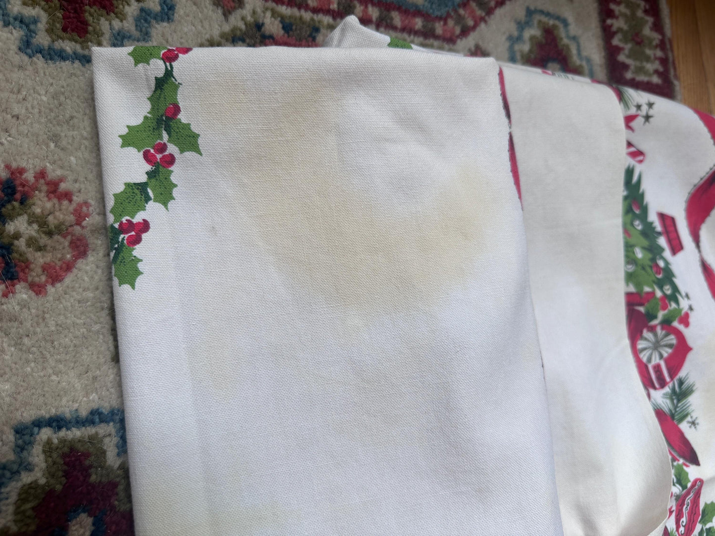 Vintage MCM Christmas Tablecloth | Red Ribbon, Poinsettia & Ornament Print | 46” x 52” | Retro Holiday Linens | Craft + Repurpose Project