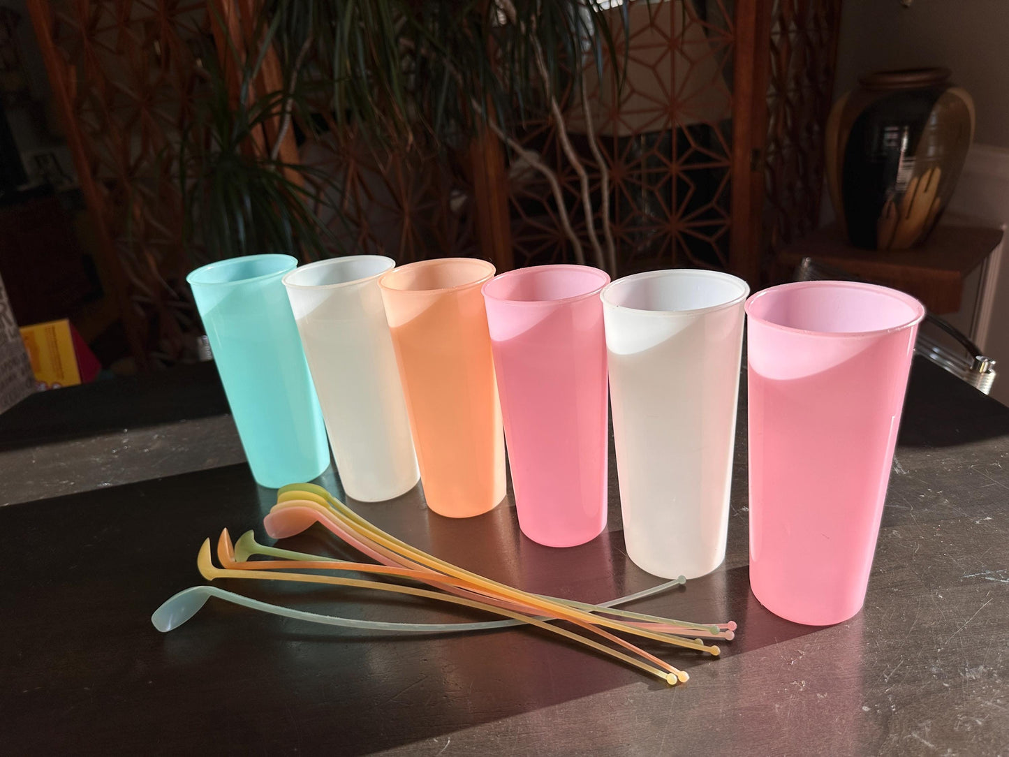 Vintage 1950s Tupperware “Millionaire Line” Glass Set #116 + Long Iced Tea Spoons – Mid Century Drinkware Set of 6