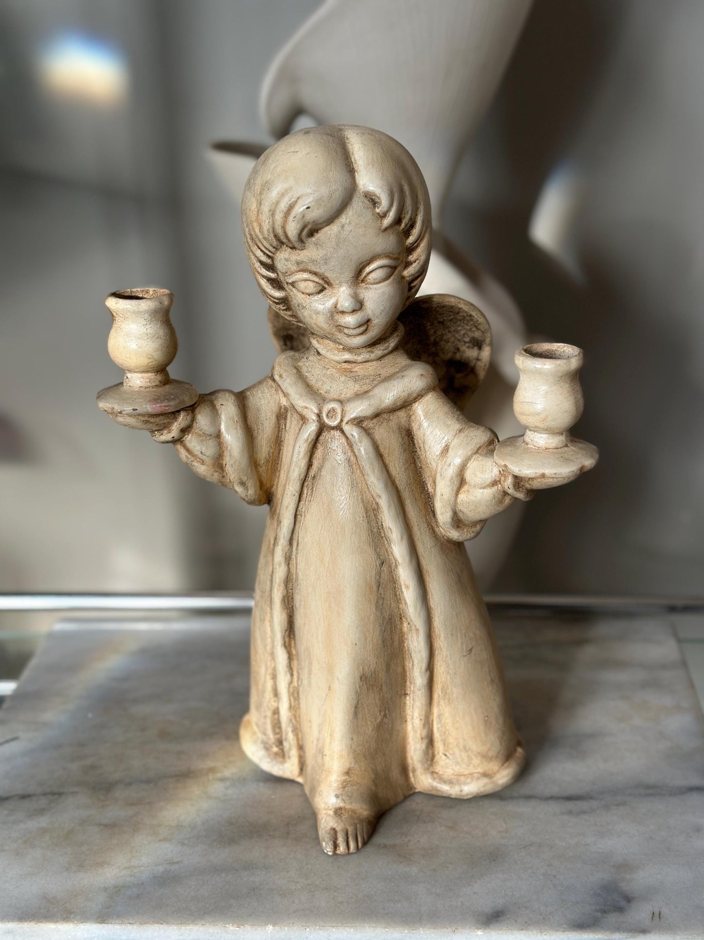 Vintage Ceramic Angel Double Candle Holder – 13” Tall Christmas Centerpiece, Litschy Christmas, Retro Christmas