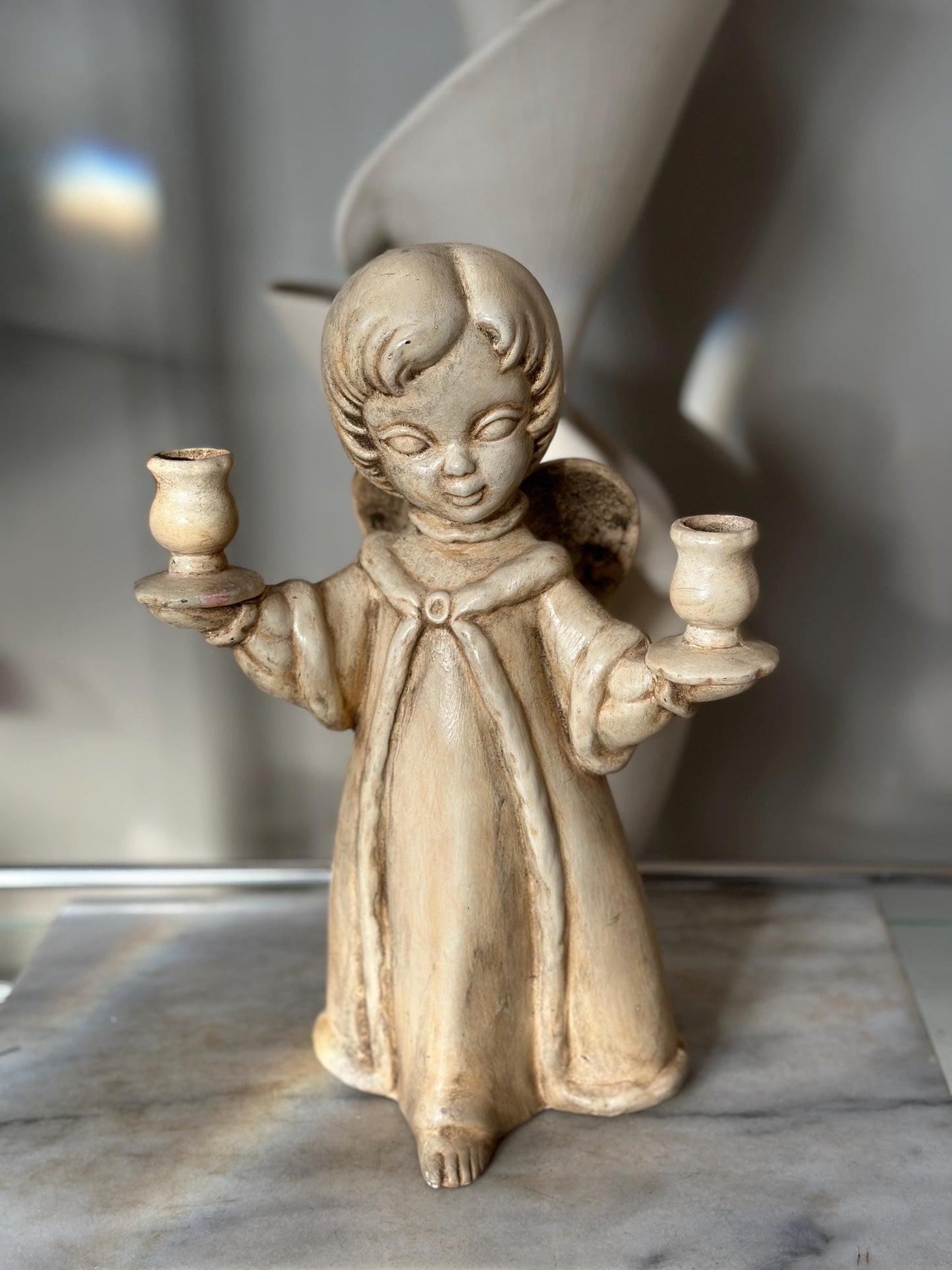 Vintage Ceramic Angel Double Candle Holder – 13” Tall Christmas Centerpiece, Litschy Christmas, Retro Christmas