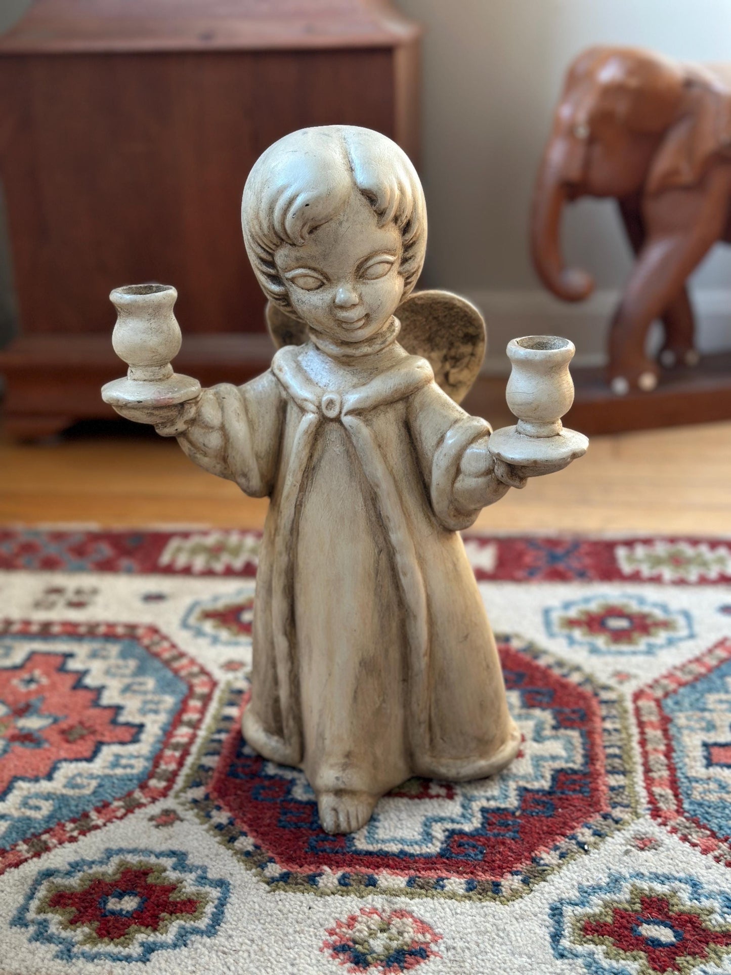 Vintage Ceramic Angel Double Candle Holder – 13” Tall Christmas Centerpiece, Litschy Christmas, Retro Christmas