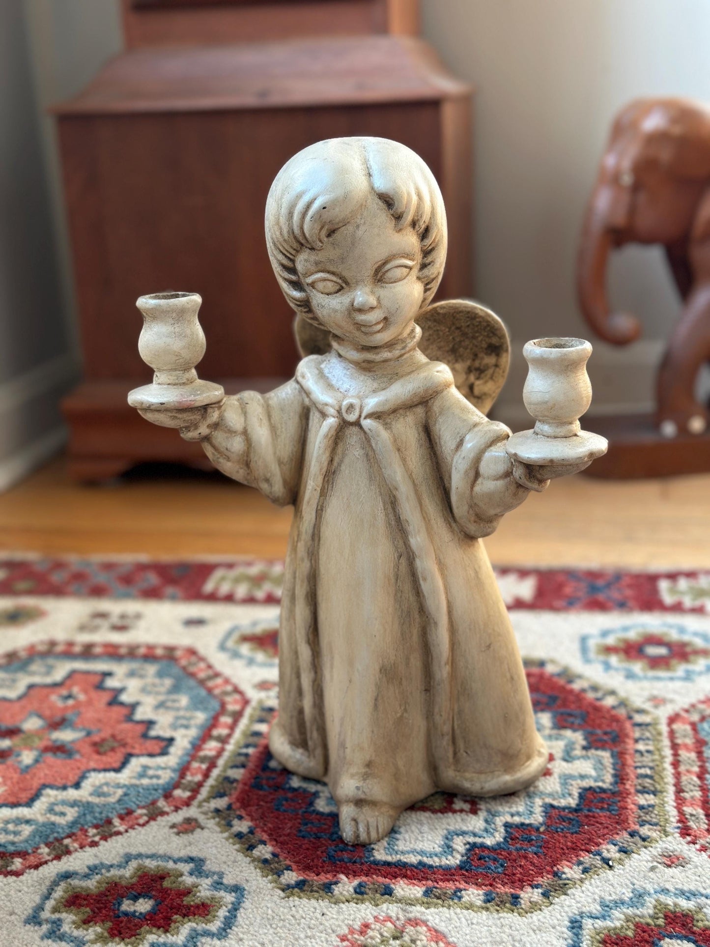 Vintage Ceramic Angel Double Candle Holder – 13” Tall Christmas Centerpiece, Litschy Christmas, Retro Christmas