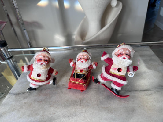 Vintage MCM Flocked Santa Skating / Skiing  / Sledding Ornaments - Set of 3