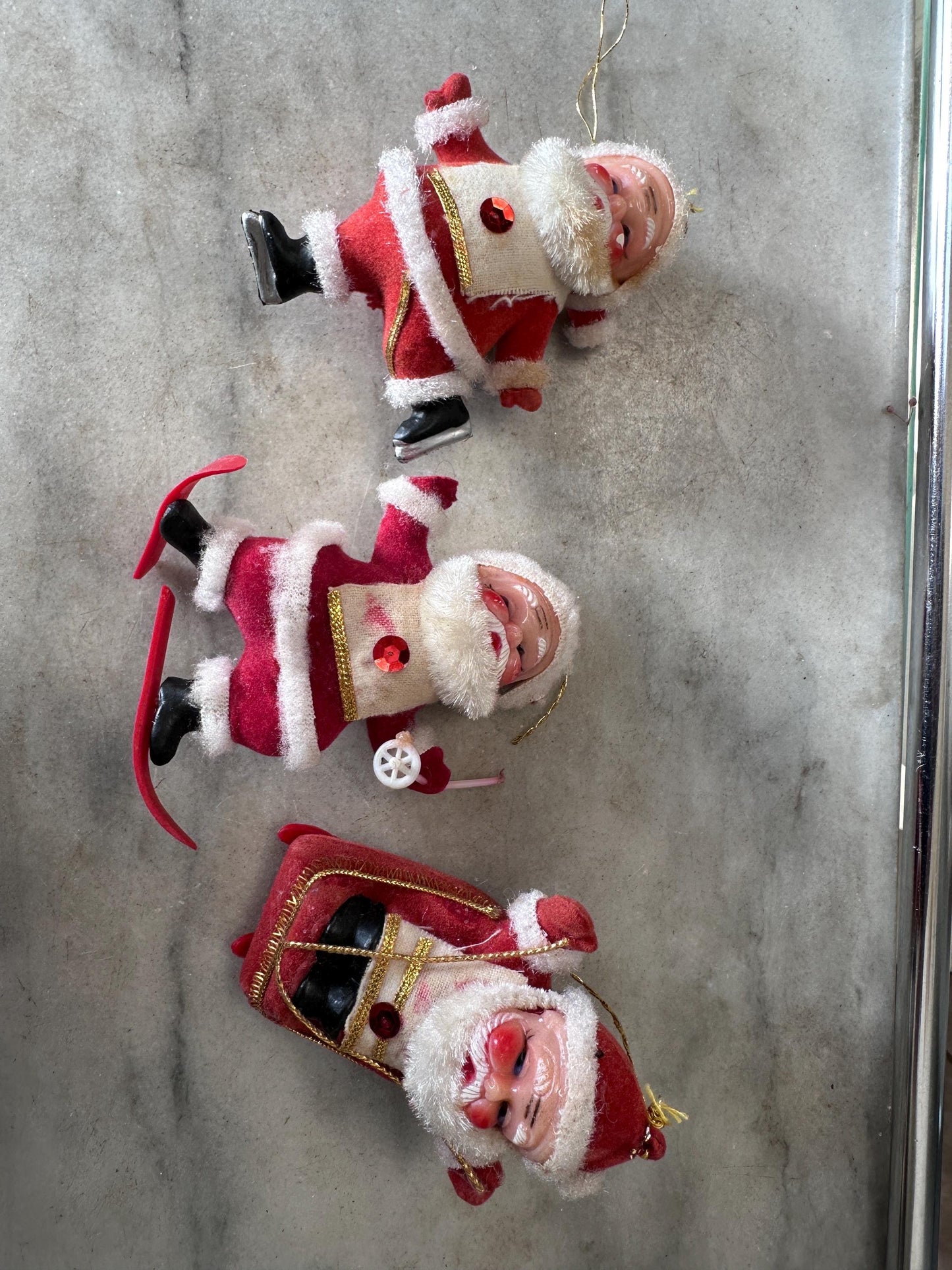 Vintage MCM Flocked Santa Skating / Skiing  / Sledding Ornaments - Set of 3