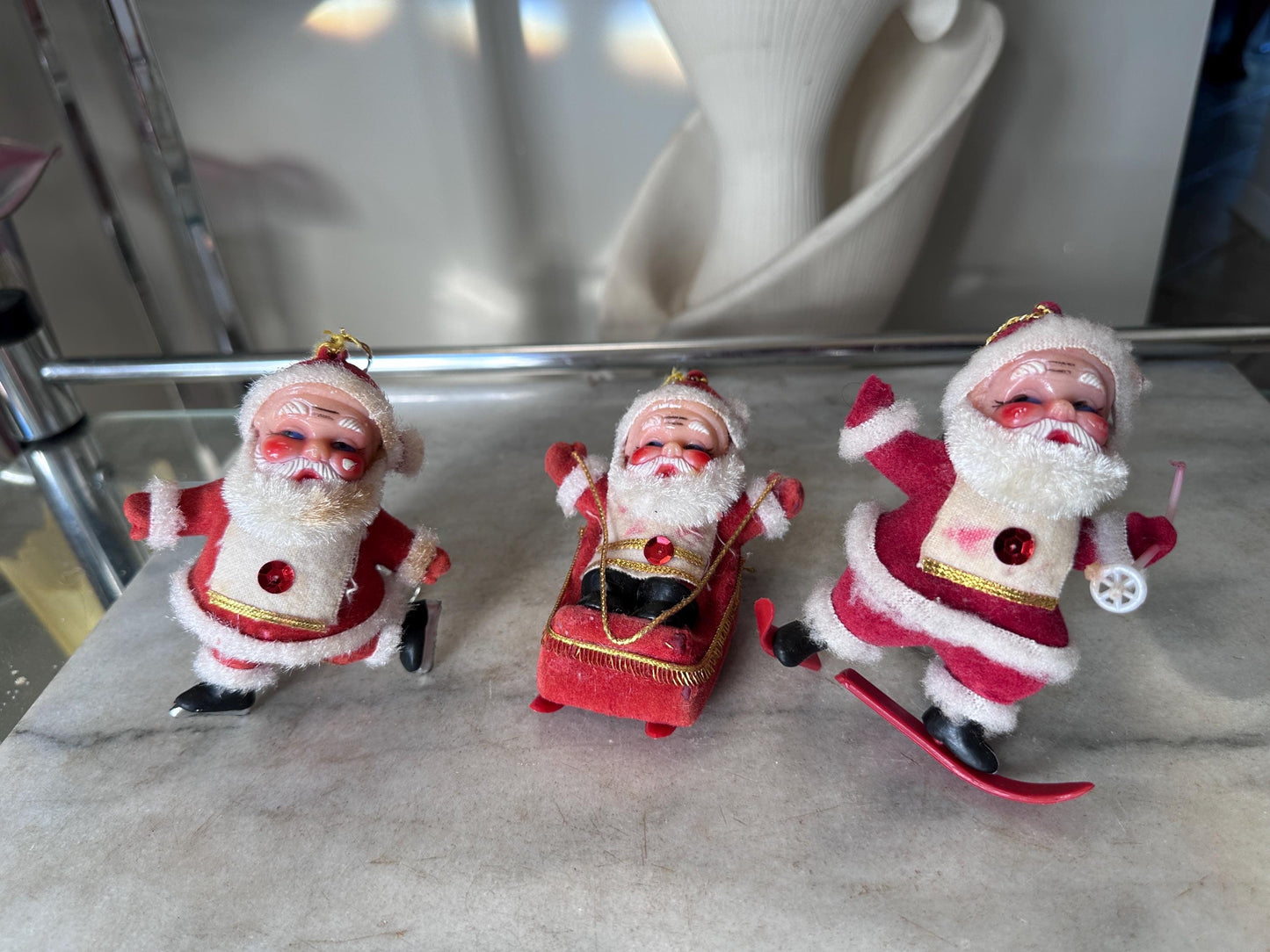 Vintage MCM Flocked Santa Skating / Skiing  / Sledding Ornaments - Set of 3