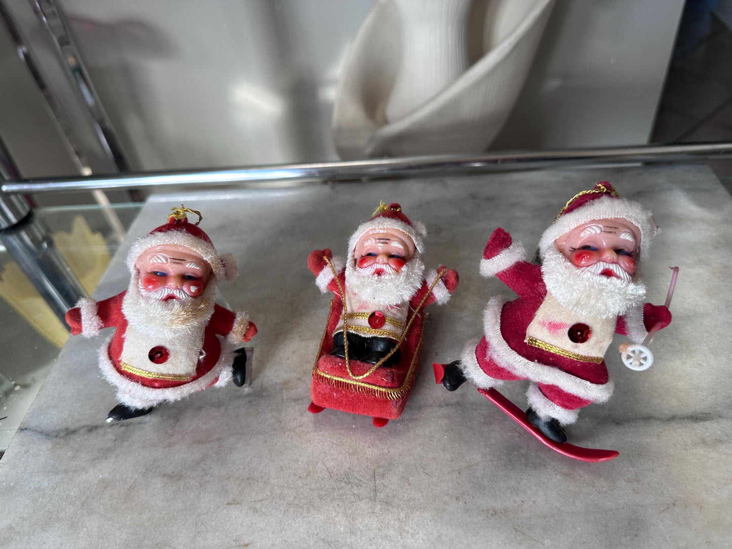 Vintage MCM Flocked Santa Skating / Skiing  / Sledding Ornaments - Set of 3