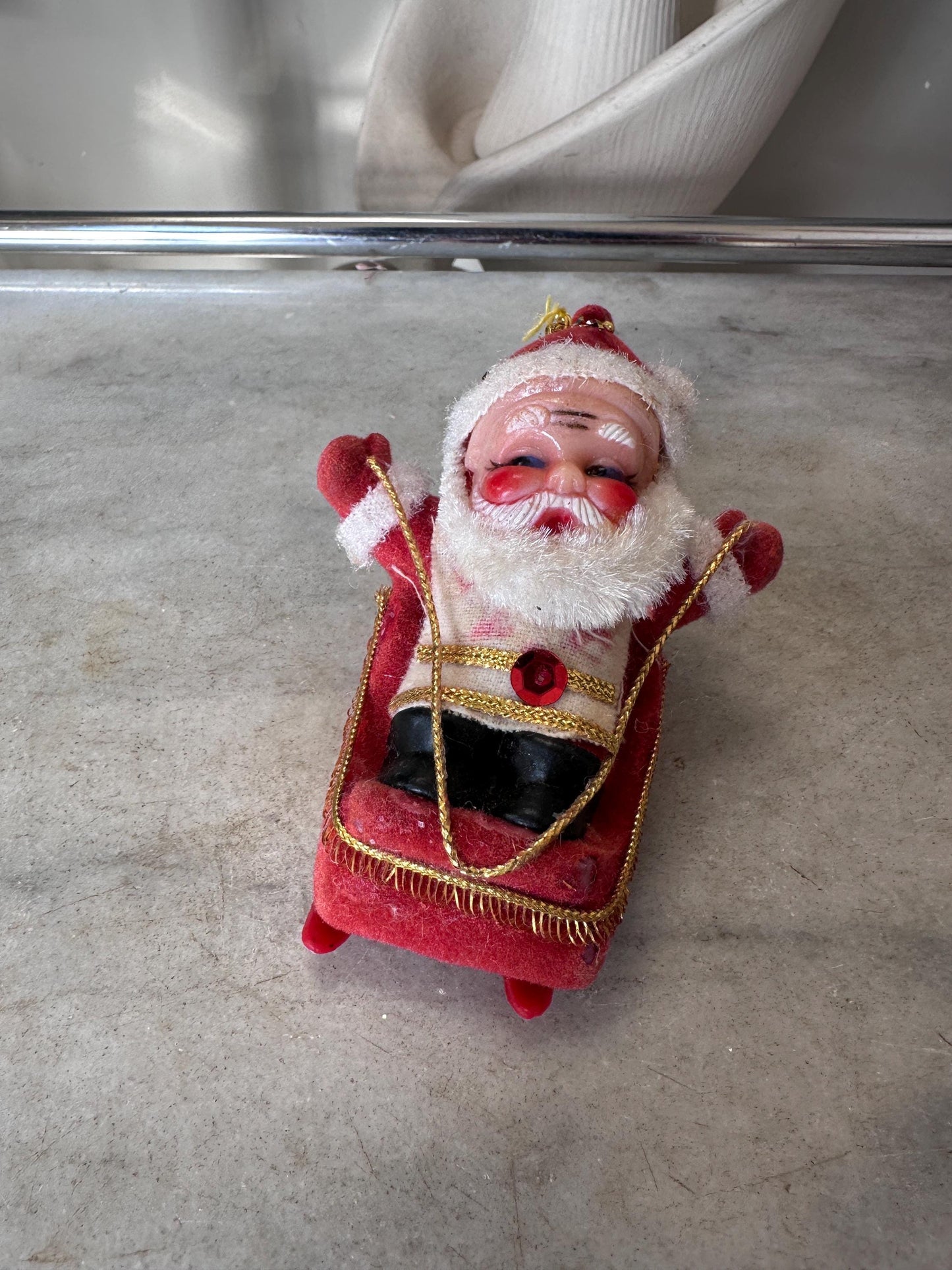 Vintage MCM Flocked Santa Skating / Skiing  / Sledding Ornaments - Set of 3