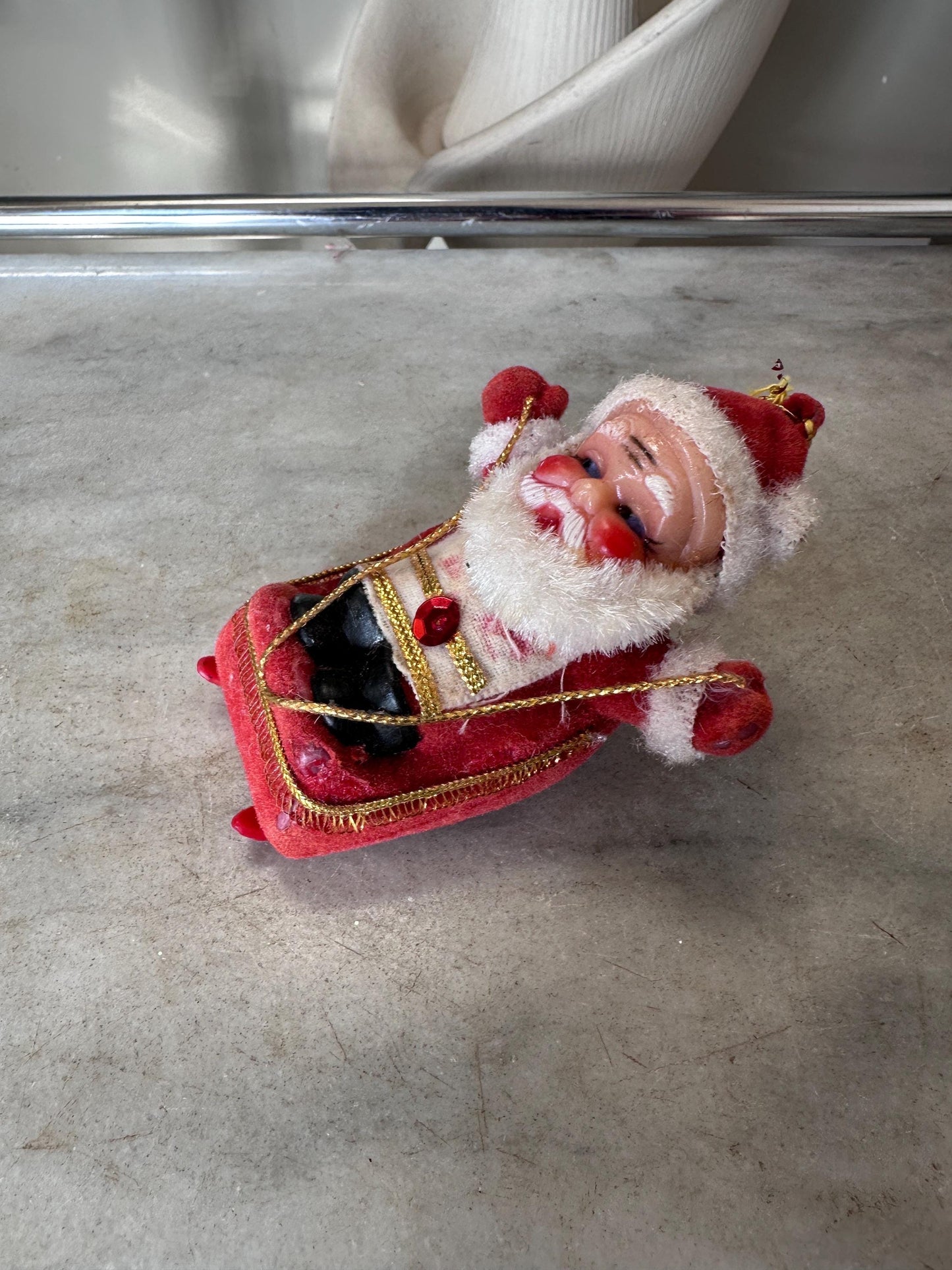 Vintage MCM Flocked Santa Skating / Skiing  / Sledding Ornaments - Set of 3
