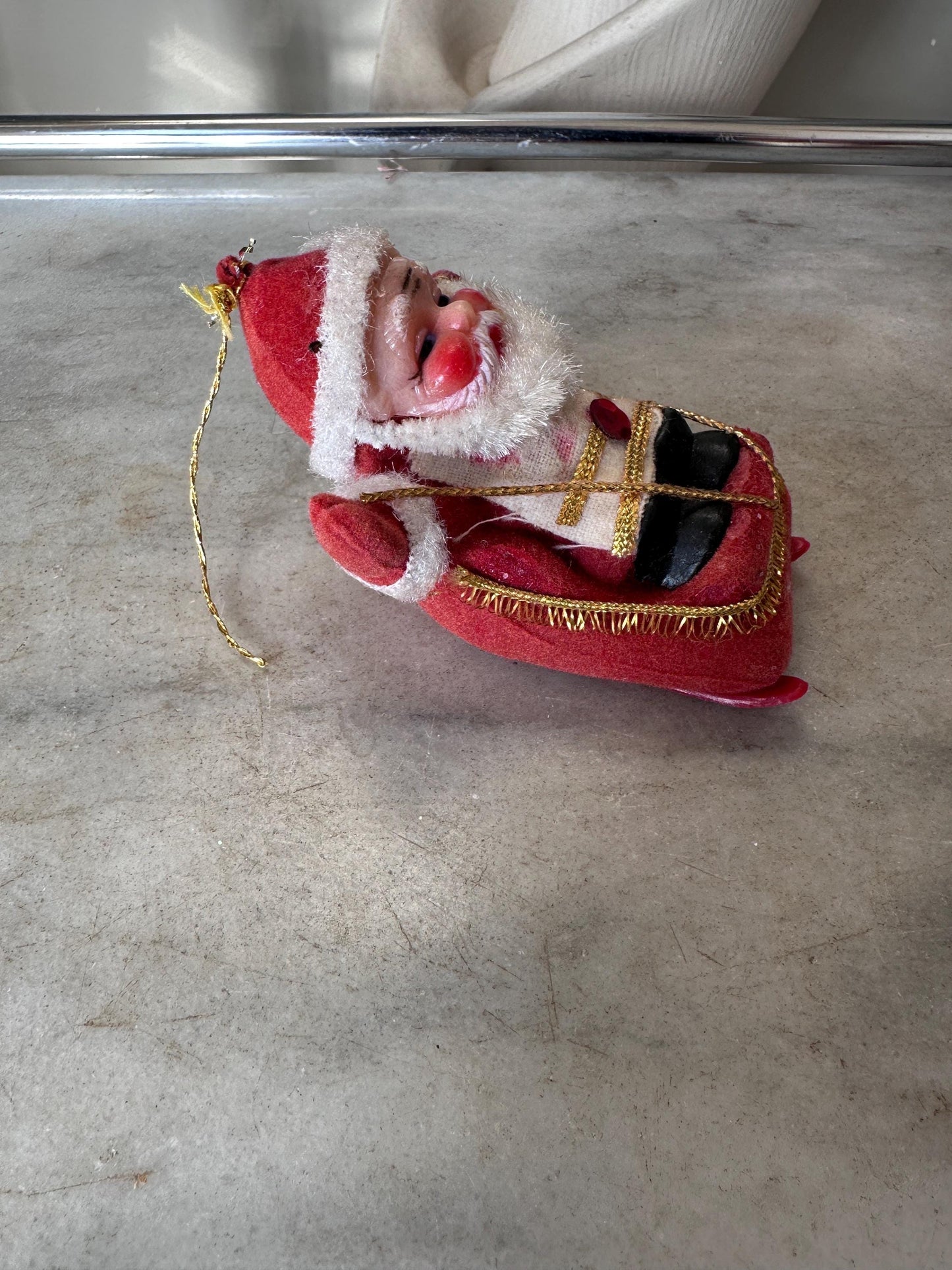 Vintage MCM Flocked Santa Skating / Skiing  / Sledding Ornaments - Set of 3