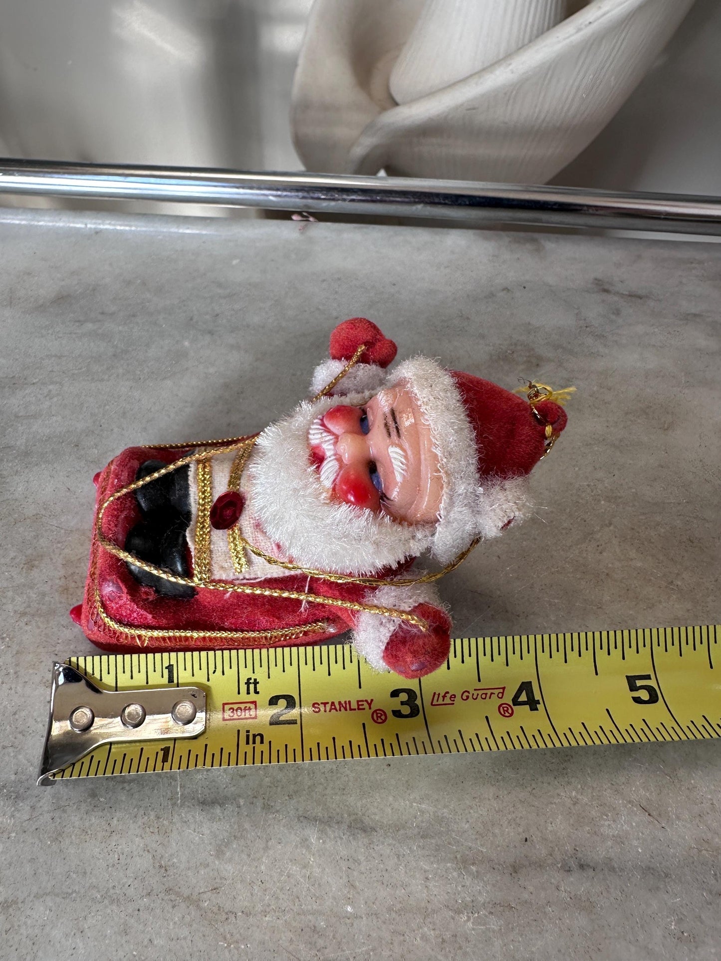 Vintage MCM Flocked Santa Skating / Skiing  / Sledding Ornaments - Set of 3