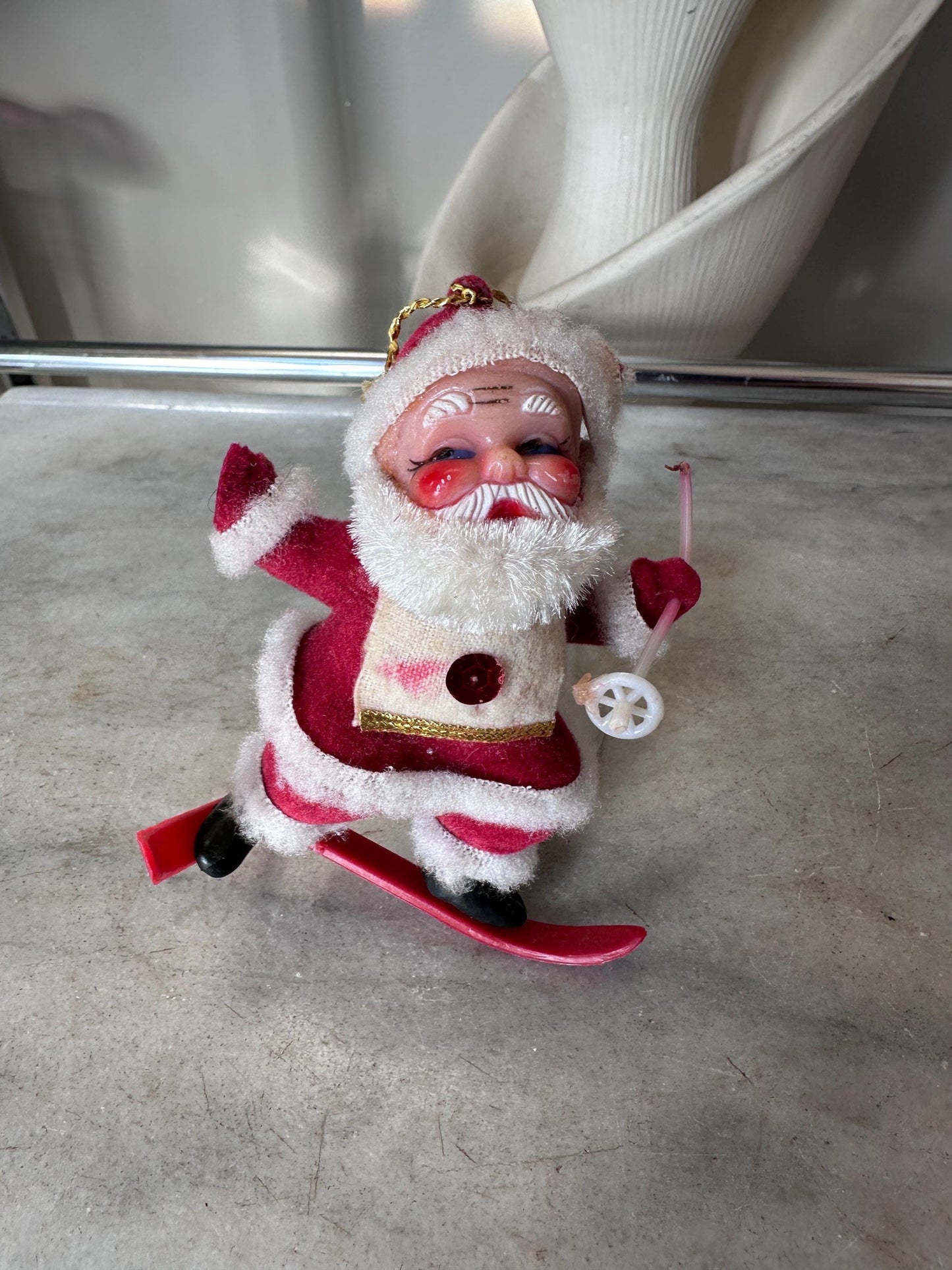 Vintage MCM Flocked Santa Skating / Skiing  / Sledding Ornaments - Set of 3