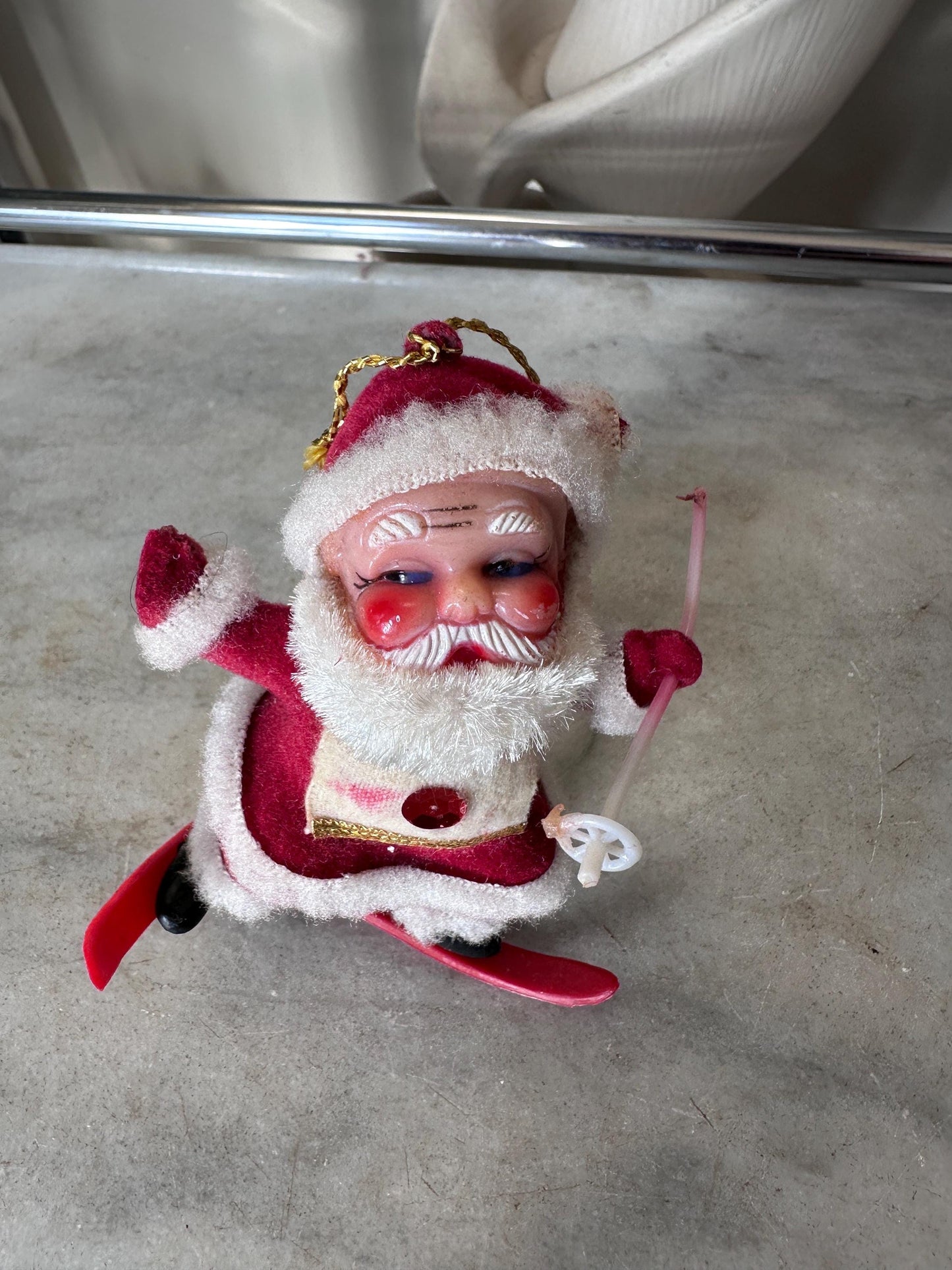 Vintage MCM Flocked Santa Skating / Skiing  / Sledding Ornaments - Set of 3
