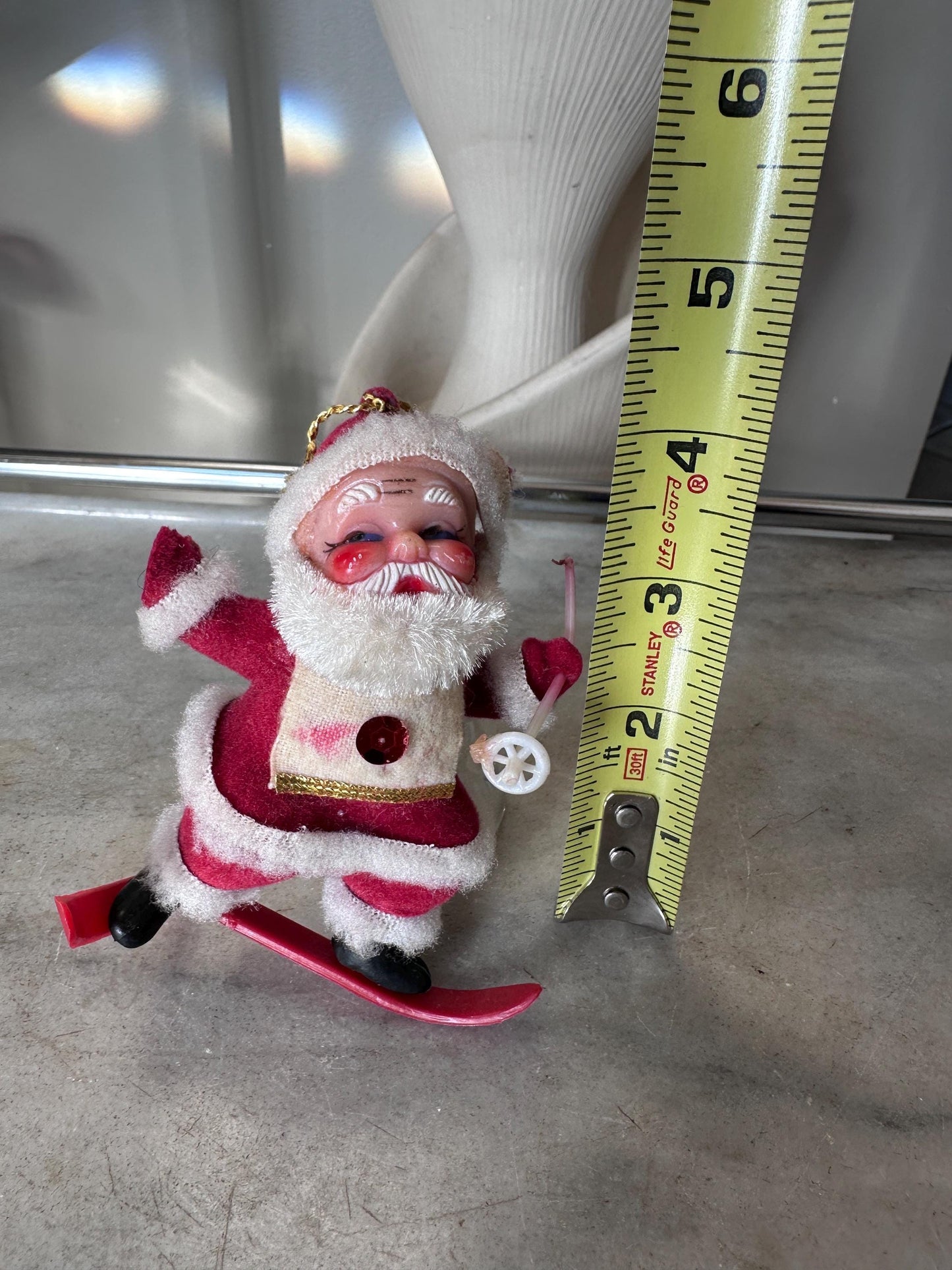 Vintage MCM Flocked Santa Skating / Skiing  / Sledding Ornaments - Set of 3