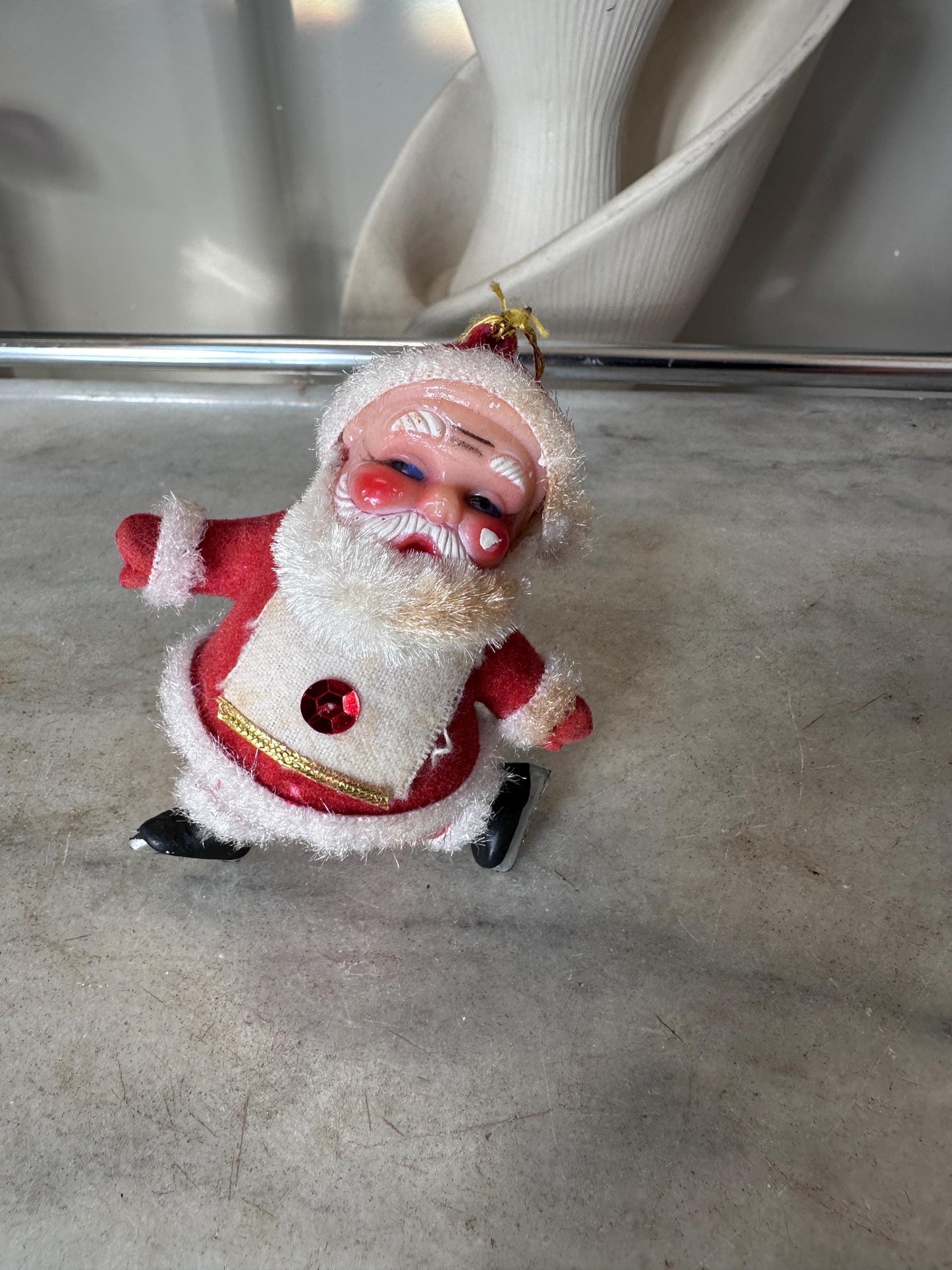 Vintage MCM Flocked Santa Skating / Skiing  / Sledding Ornaments - Set of 3
