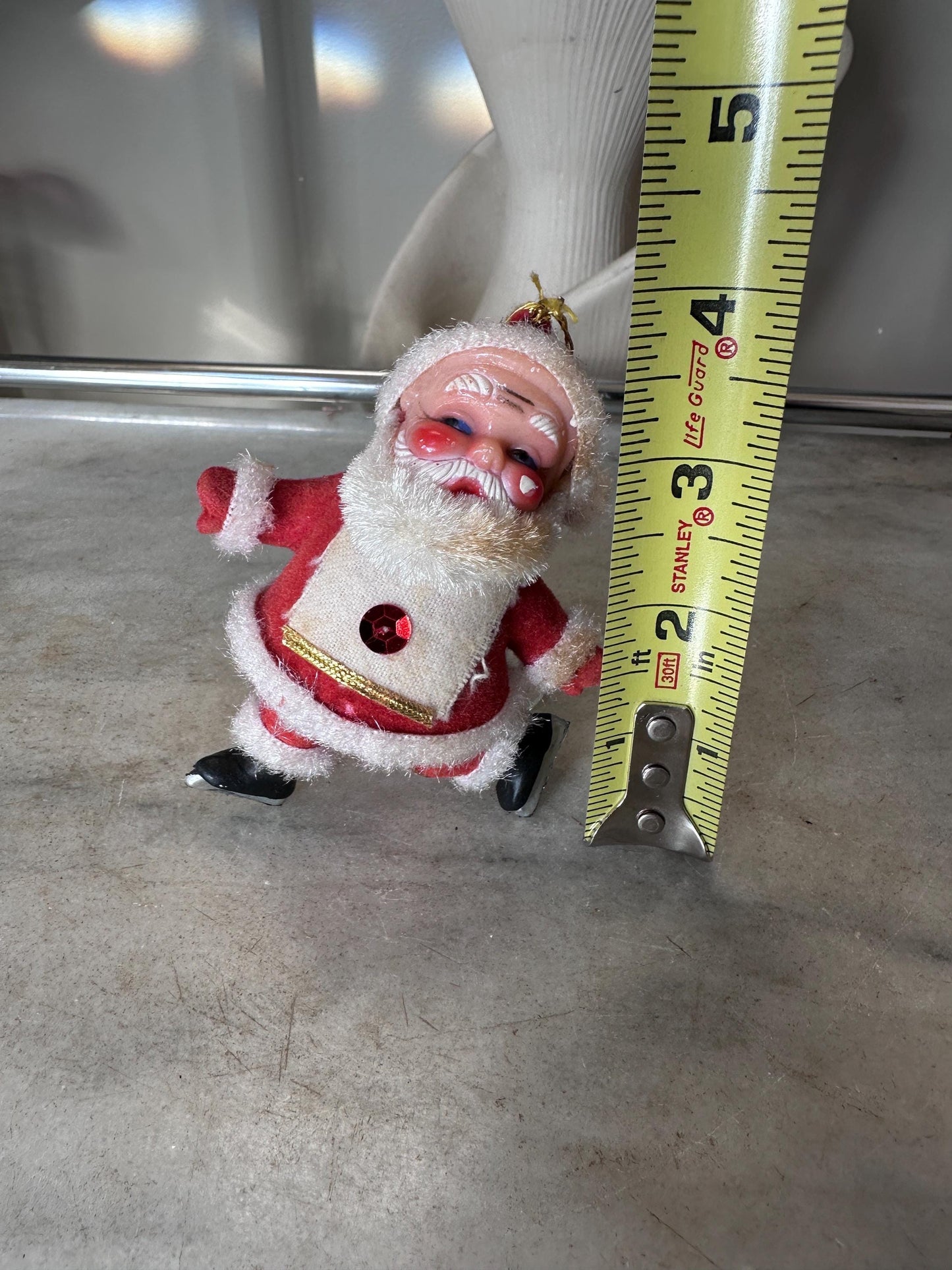 Vintage MCM Flocked Santa Skating / Skiing  / Sledding Ornaments - Set of 3