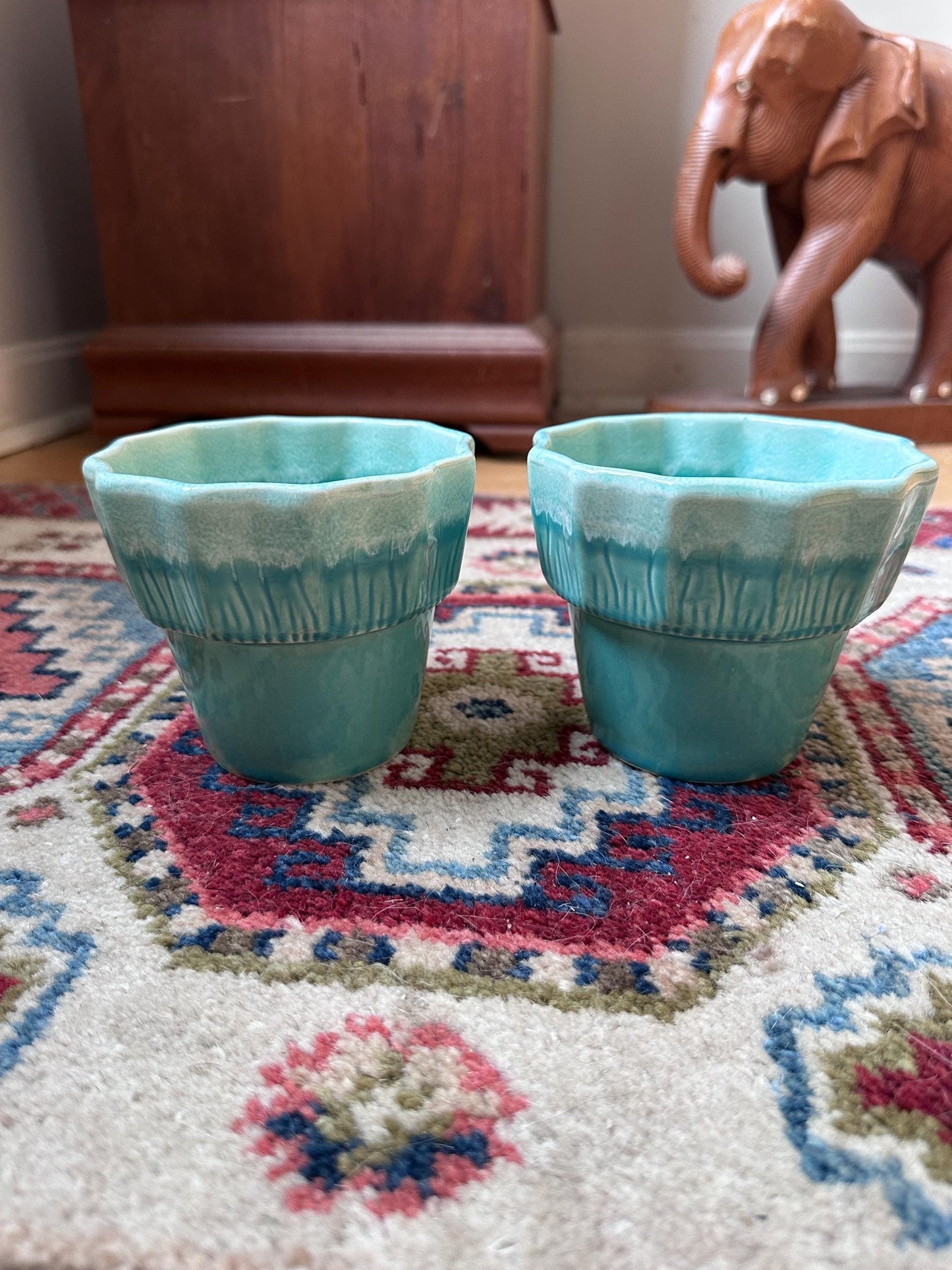 Vintage Set of 2 Turquoise & White Drip Glaze Planters | USA Pottery #41 | Scalloped Edge Cachepots | MCM Ceramic Planters | 4” x 4.25”