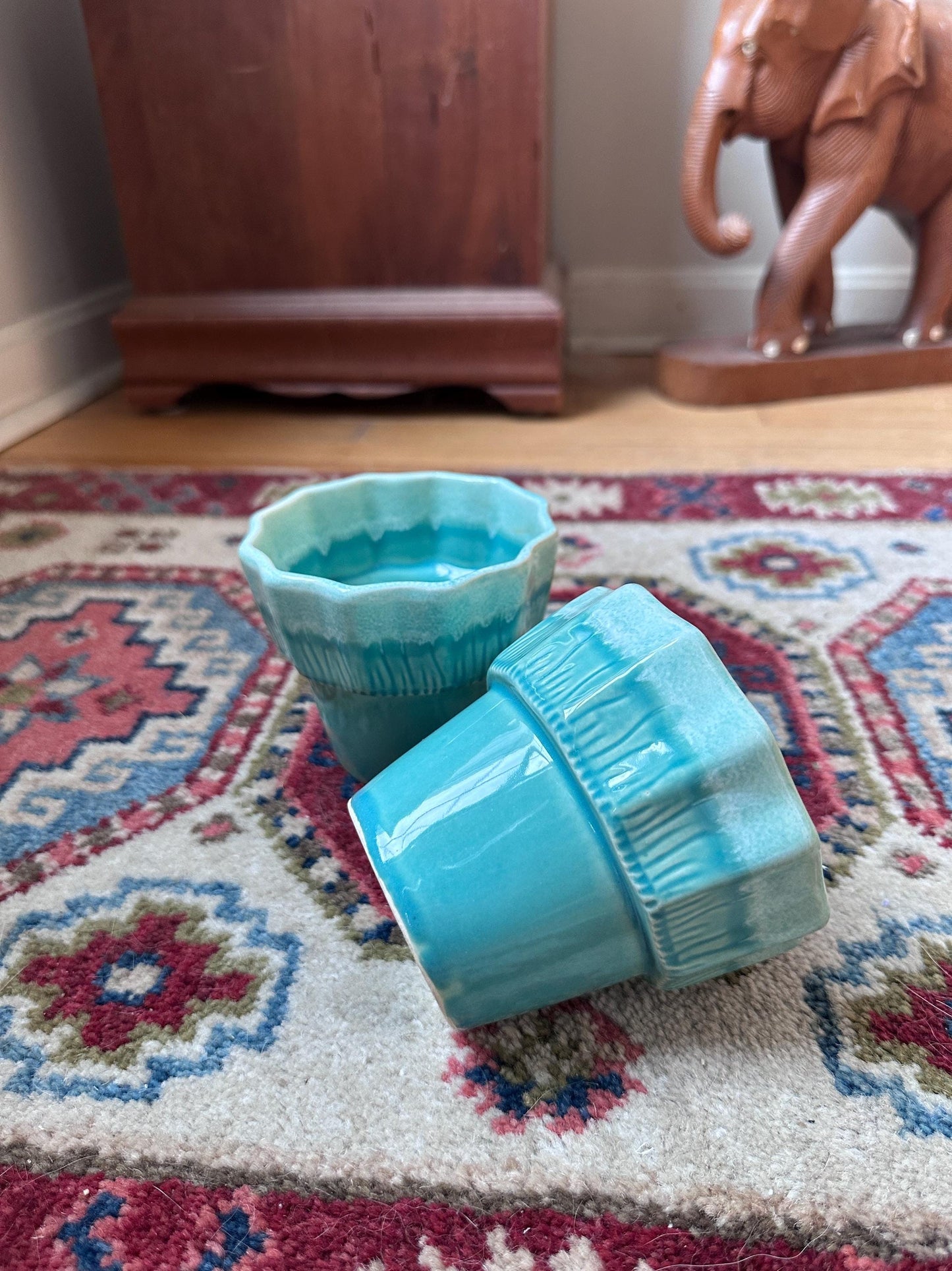 Vintage Set of 2 Turquoise & White Drip Glaze Planters | USA Pottery #41 | Scalloped Edge Cachepots | MCM Ceramic Planters | 4” x 4.25”