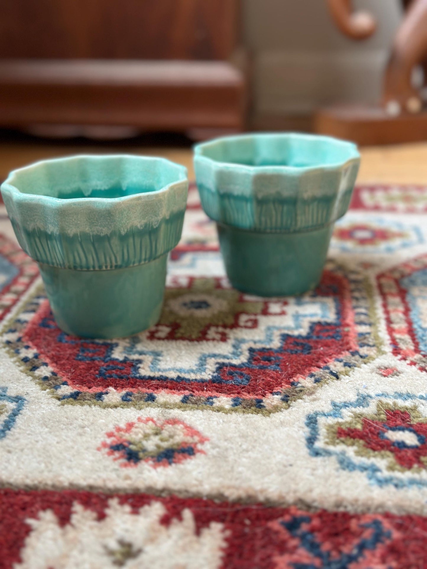 Vintage Set of 2 Turquoise & White Drip Glaze Planters | USA Pottery #41 | Scalloped Edge Cachepots | MCM Ceramic Planters | 4” x 4.25”