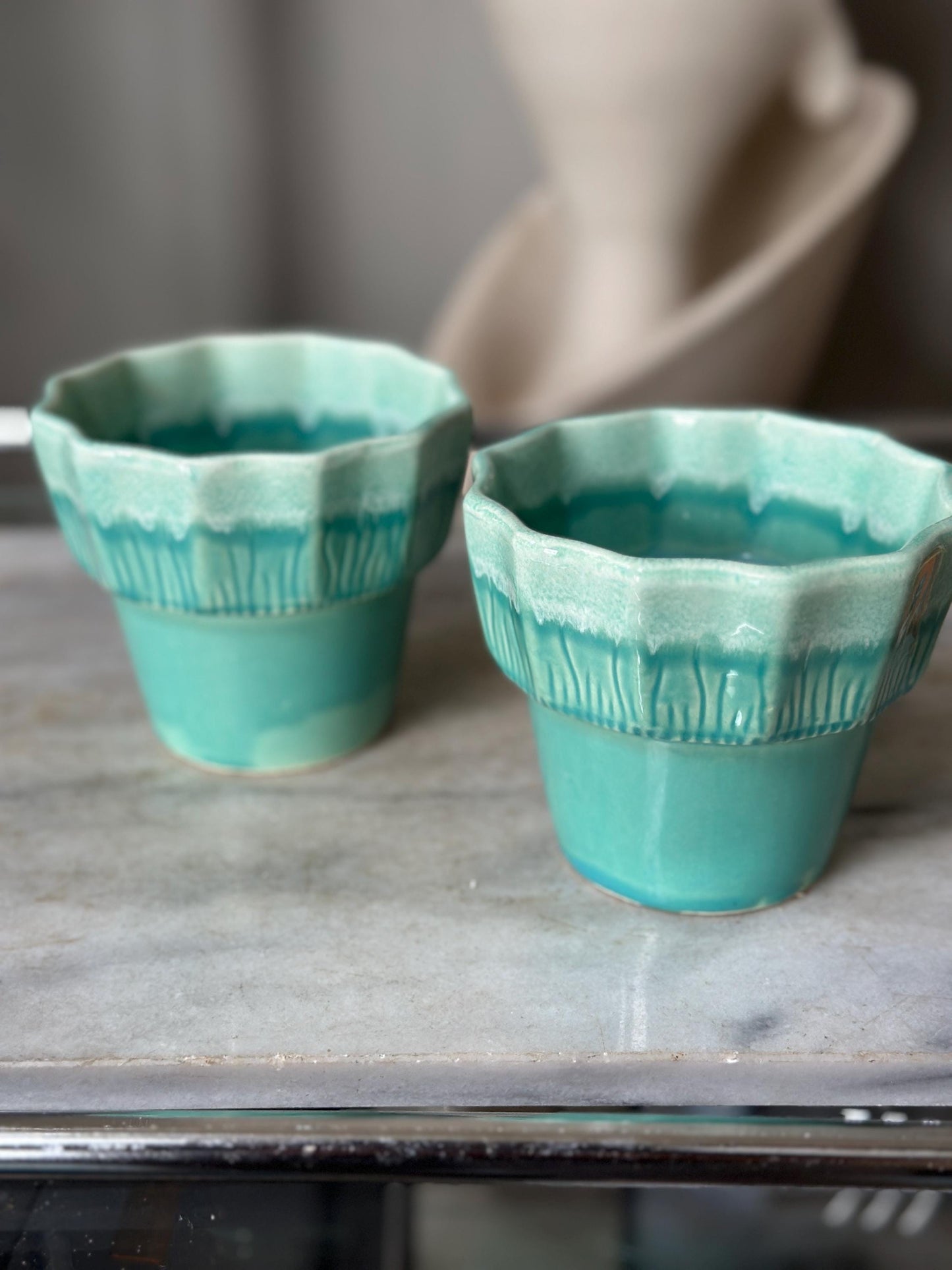 Vintage Set of 2 Turquoise & White Drip Glaze Planters | USA Pottery #41 | Scalloped Edge Cachepots | MCM Ceramic Planters | 4” x 4.25”