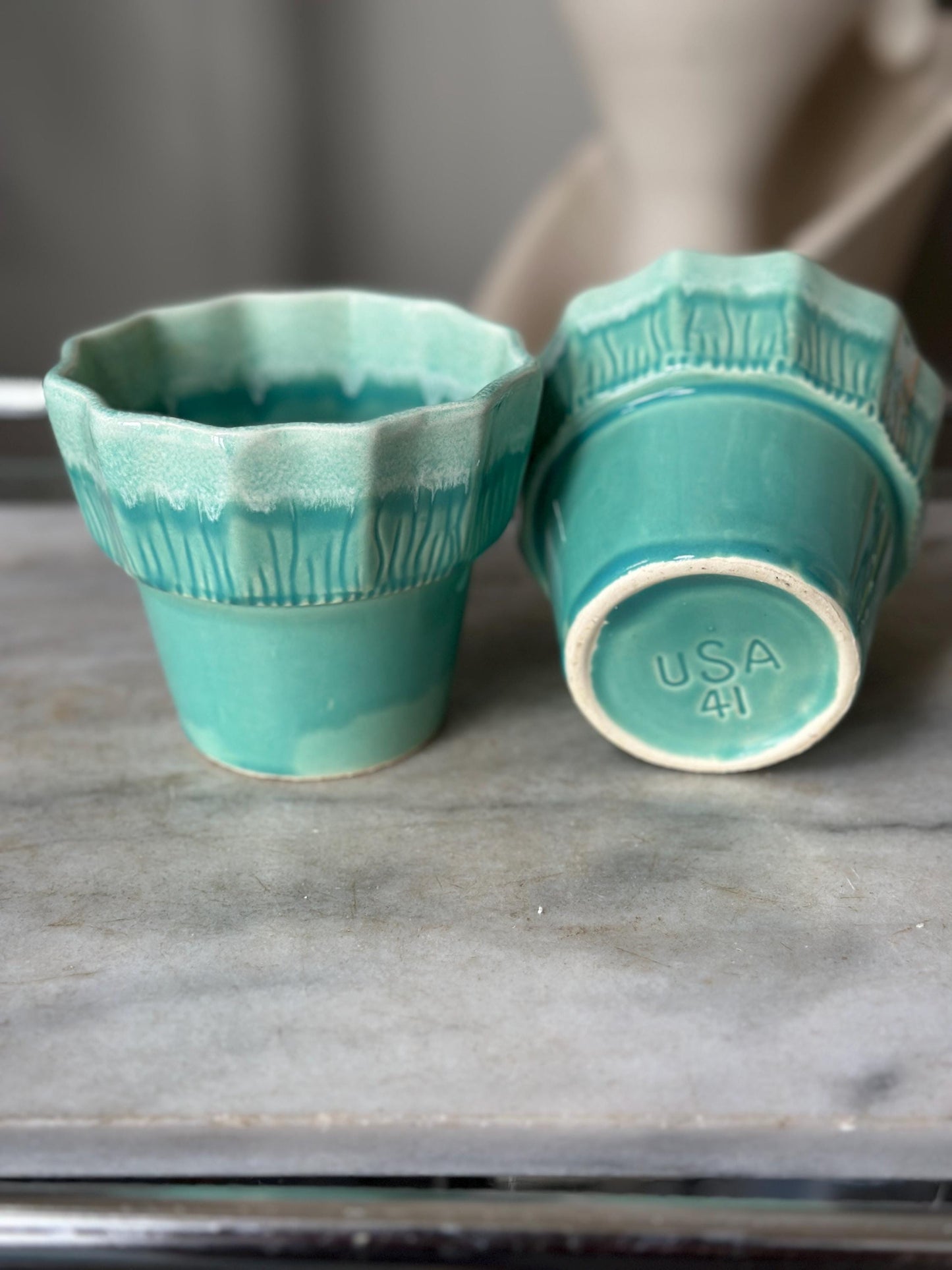 Vintage Set of 2 Turquoise & White Drip Glaze Planters | USA Pottery #41 | Scalloped Edge Cachepots | MCM Ceramic Planters | 4” x 4.25”
