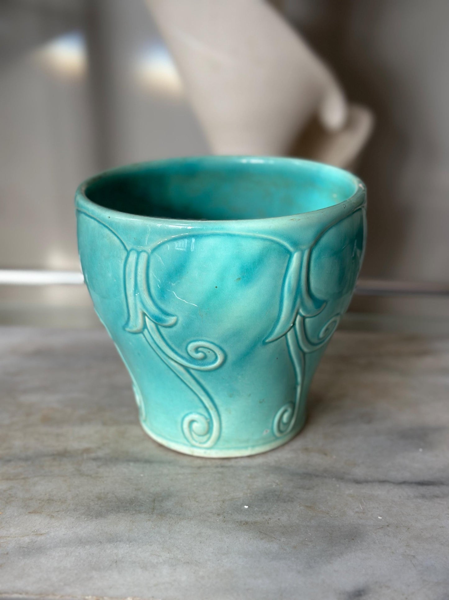 Vintage Turquoise Drip Glaze USA Pottery Planter Vase | Embossed Scroll Design | Mid-Century Art Pottery | Aqua Ceramic Cachepot | 6” Tall