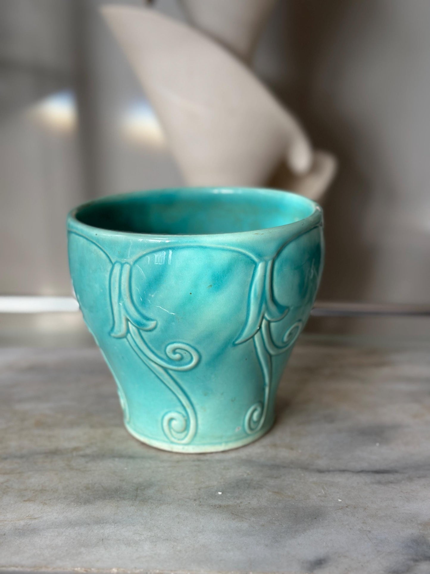 Vintage Turquoise Drip Glaze USA Pottery Planter Vase | Embossed Scroll Design | Mid-Century Art Pottery | Aqua Ceramic Cachepot | 6” Tall
