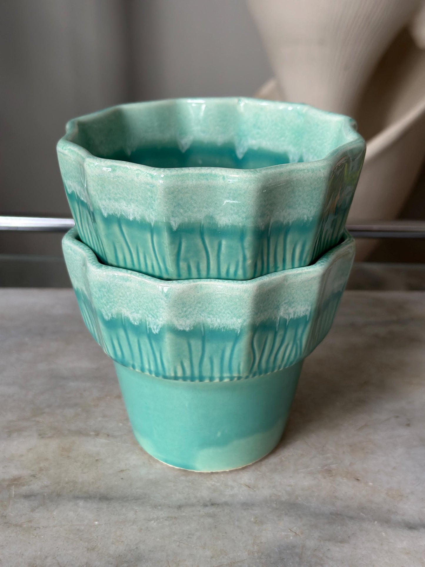 Vintage Set of 2 Turquoise & White Drip Glaze Planters | USA Pottery #41 | Scalloped Edge Cachepots | MCM Ceramic Planters | 4” x 4.25”