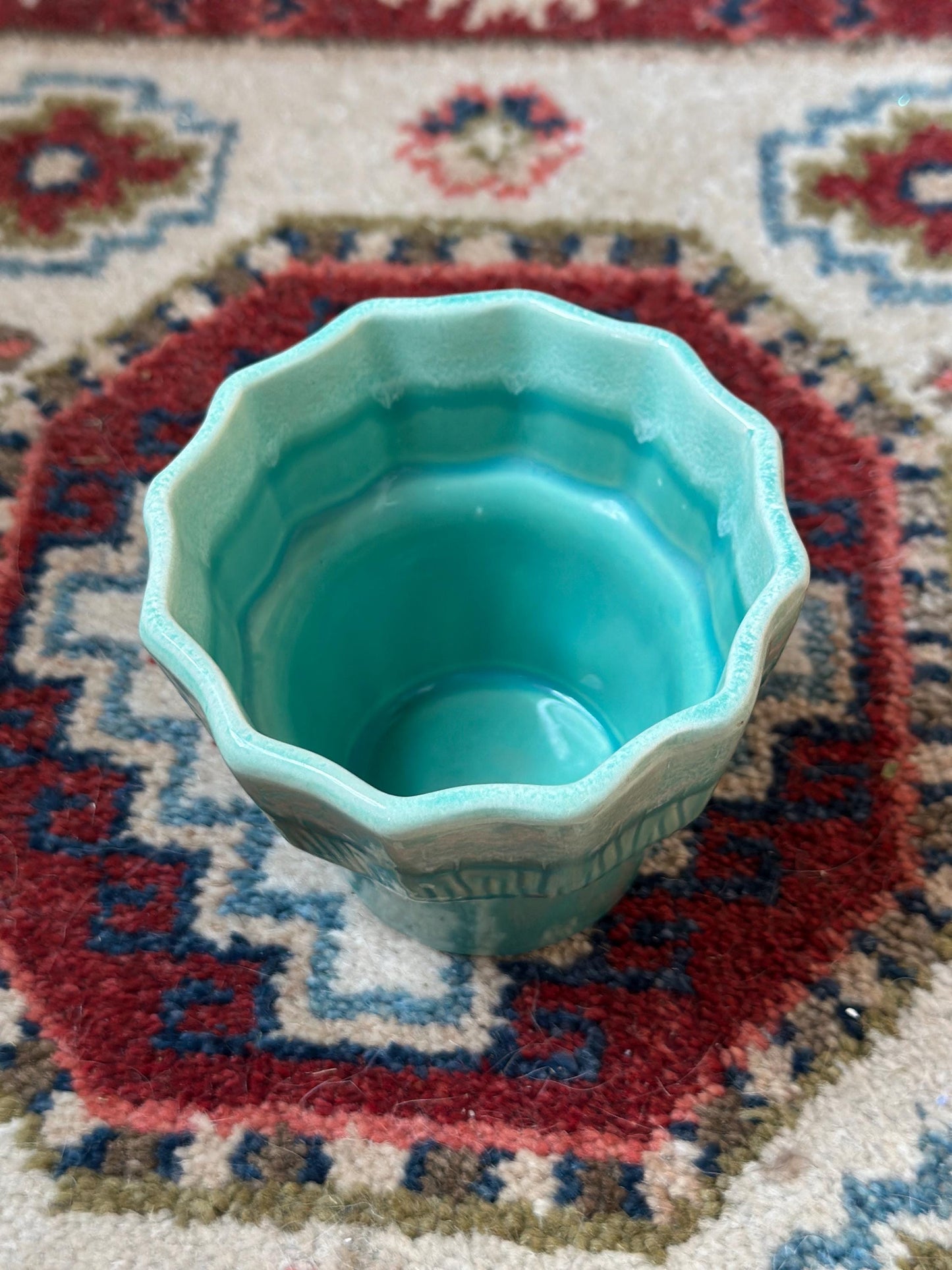 Vintage Set of 2 Turquoise & White Drip Glaze Planters | USA Pottery #41 | Scalloped Edge Cachepots | MCM Ceramic Planters | 4” x 4.25”