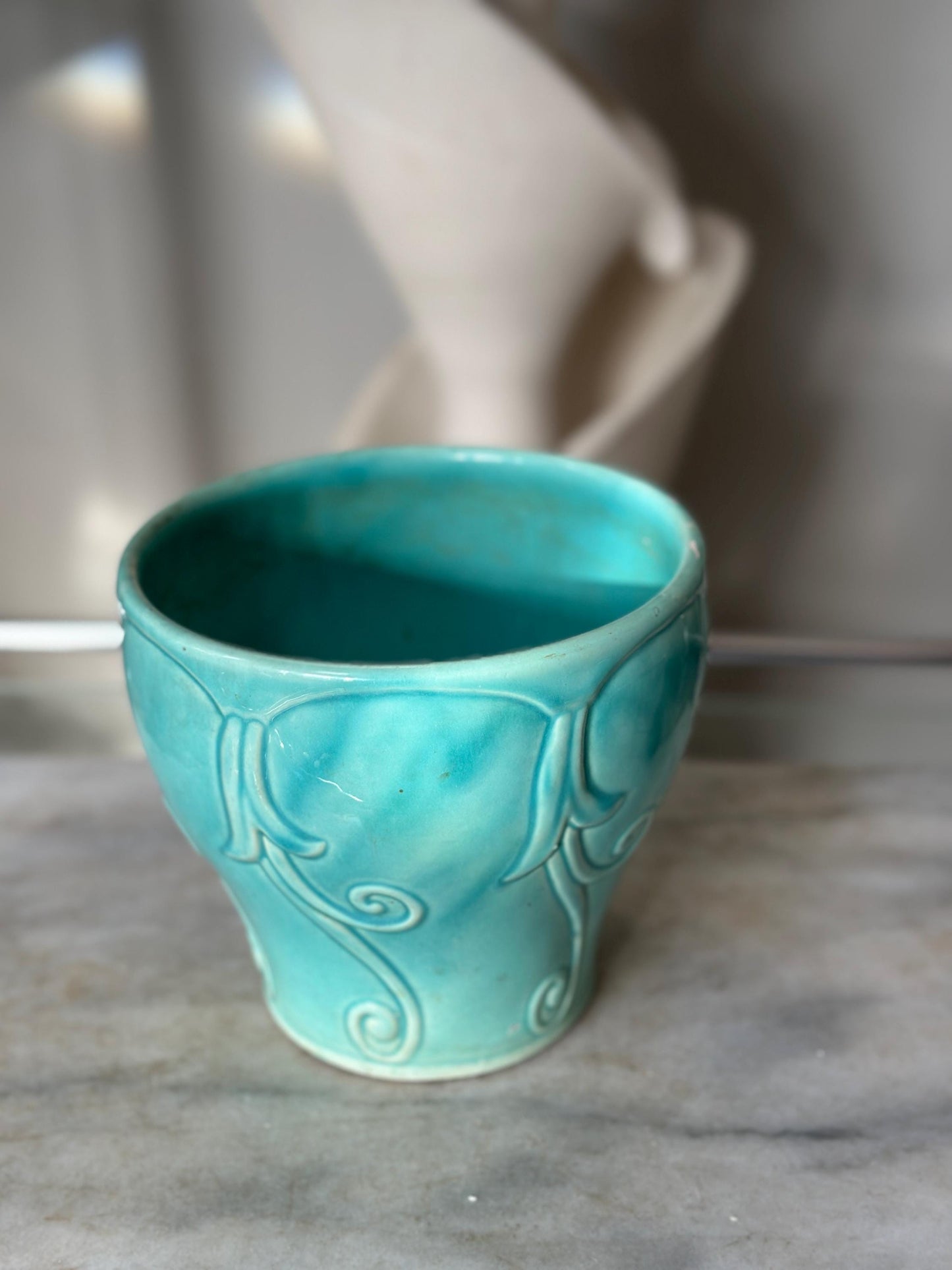 Vintage Turquoise Drip Glaze USA Pottery Planter Vase | Embossed Scroll Design | Mid-Century Art Pottery | Aqua Ceramic Cachepot | 6” Tall